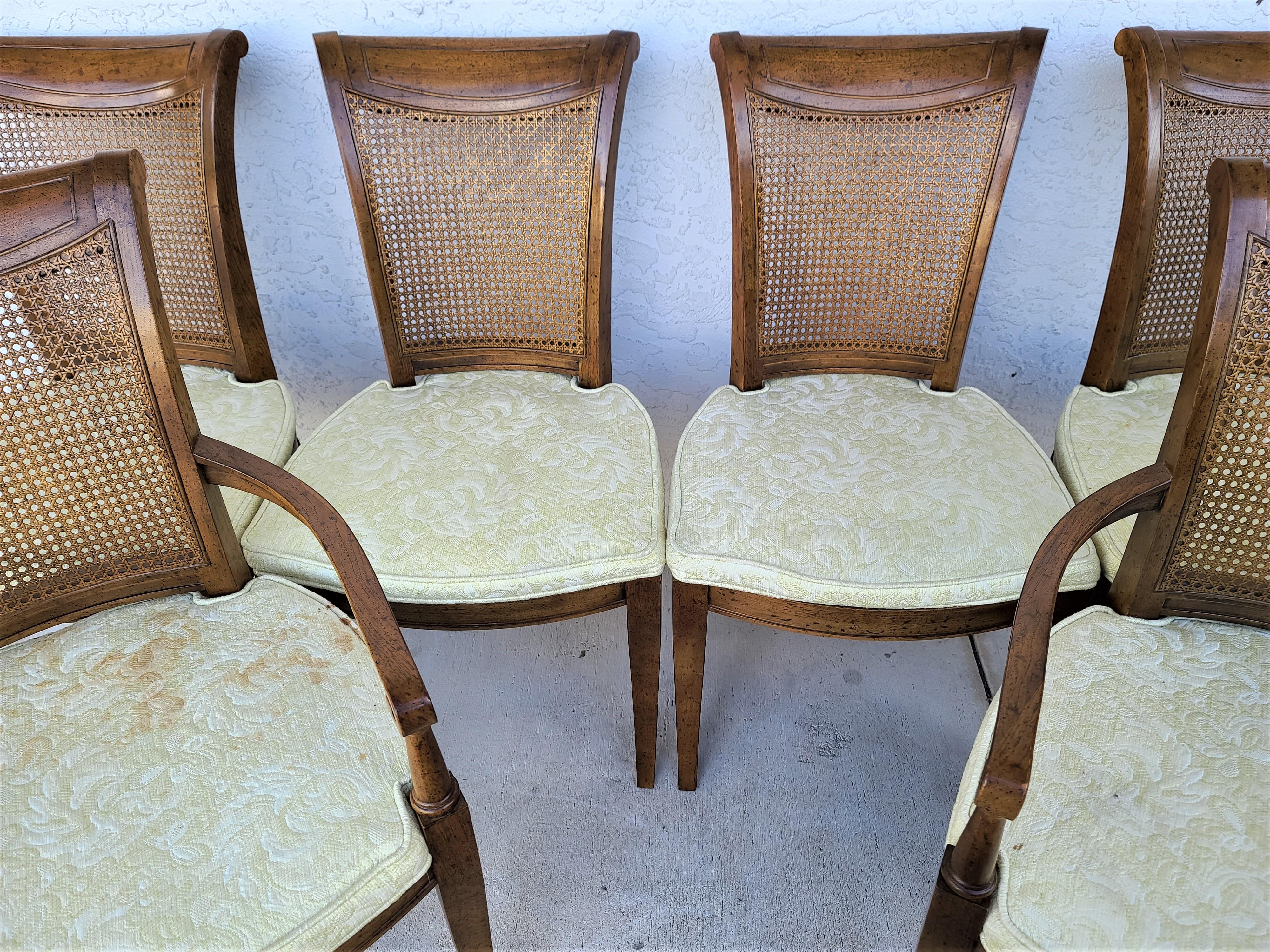 Offering one of our recent Palm Beach Estate fine furniture acquisitions of a
Set of 6 vintage Drexel Heritage italian style solid wood cane back dining chairs
2 arm and 4 side chairs.

Approximate measurements in inches
Armchairs:
35.5