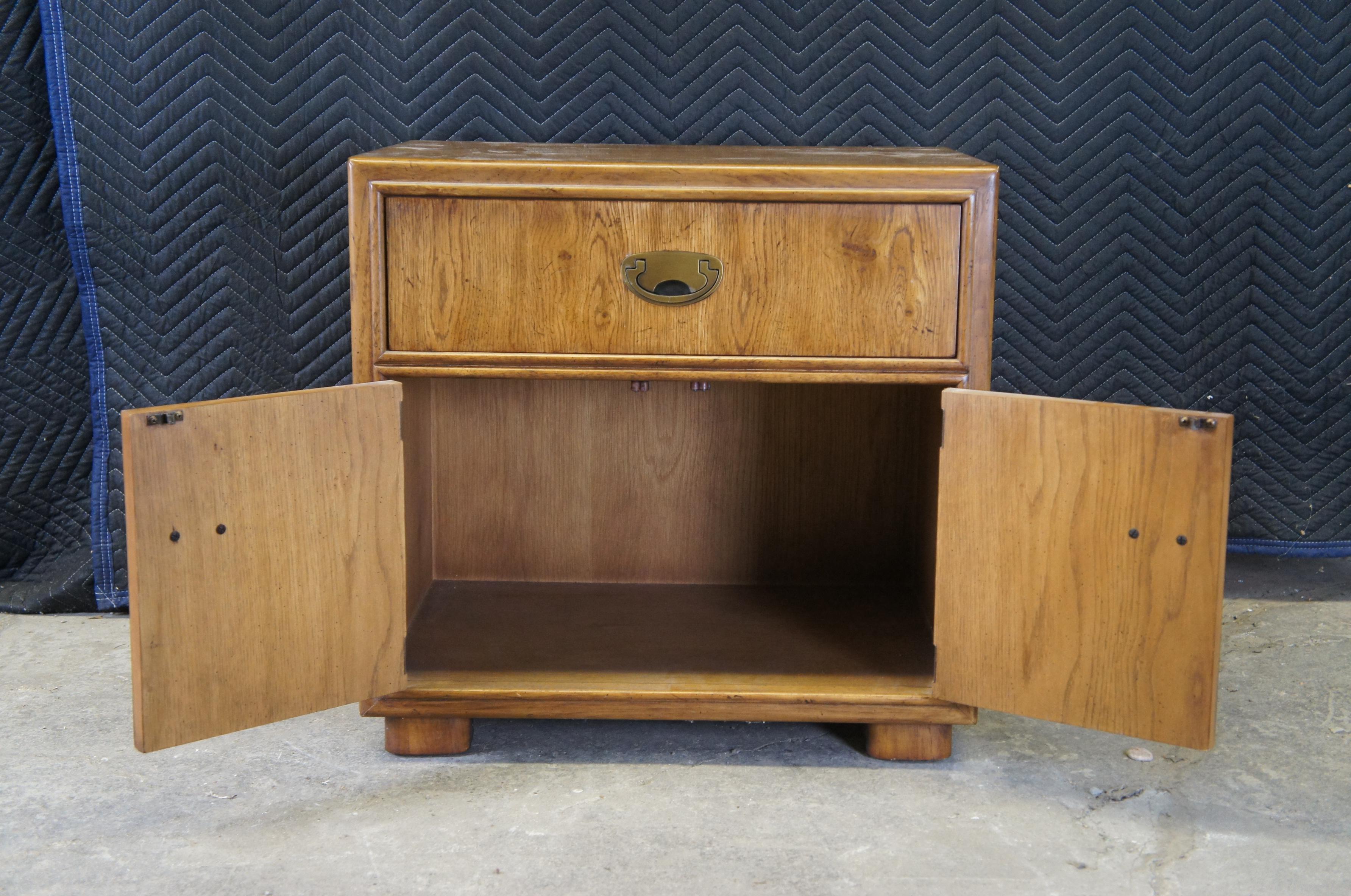 Late 20th Century Vintage Drexel Heritage Passage Oak Campaign Chest Bedside End Table Nightstand