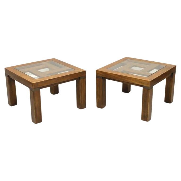 DREXEL HERITAGE Woodbriar Campaign Style Glass Top End Tables - Pair