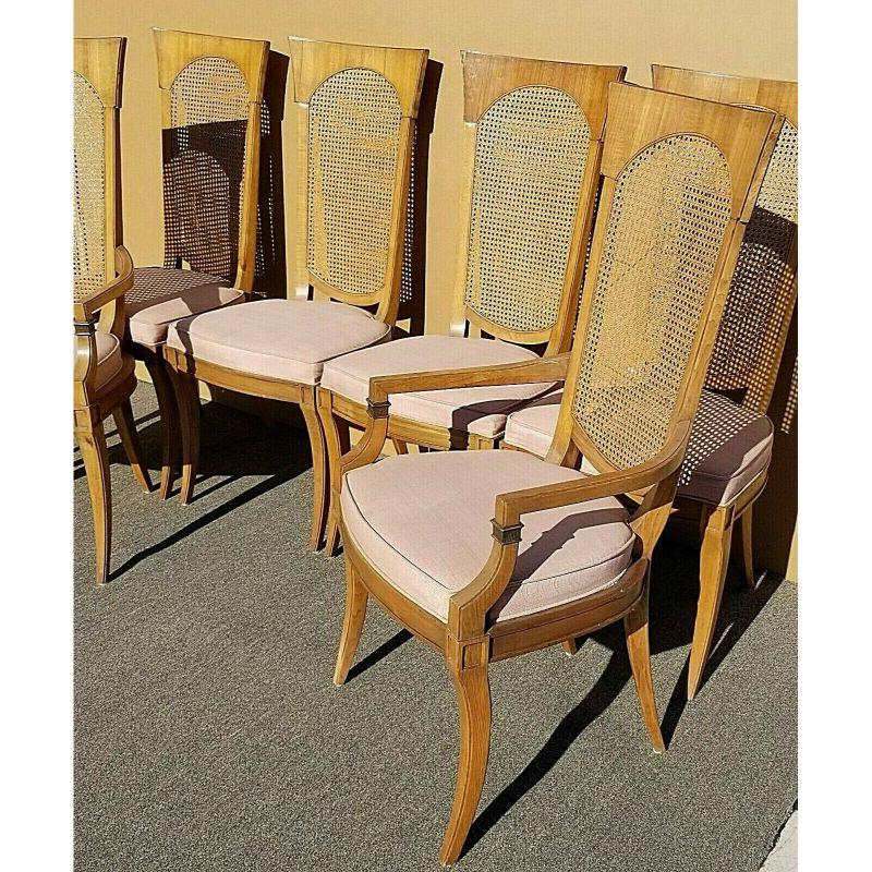 Offering one of our recent Palm Beach estate fine furniture acquisitions of 
A Set of 6 Mid-Century Modern vintage Drexel Klismos leg caned high back dining chairs
Includes 2 armchairs and 4 side chairs

Approximate measurements in inches
(2)