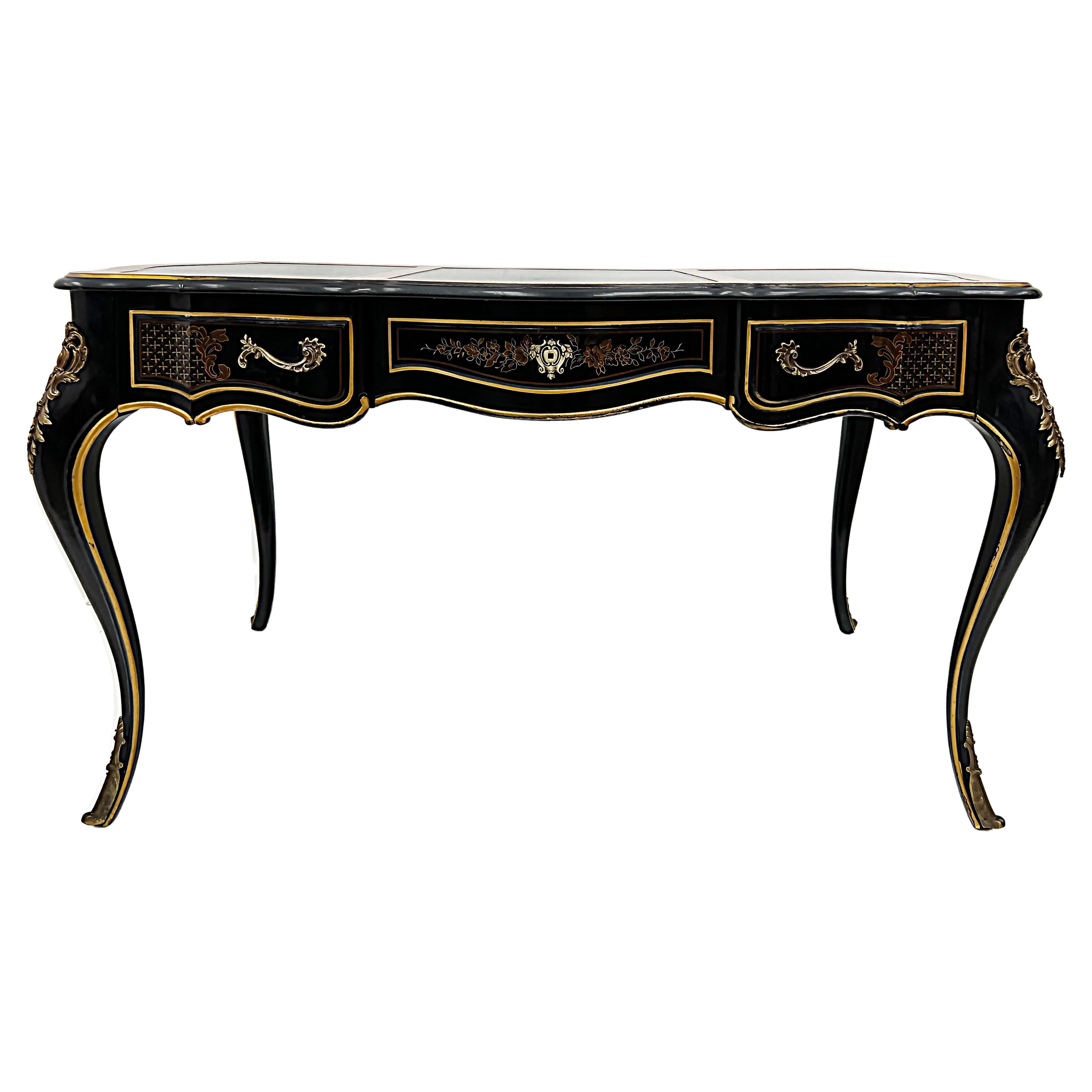 Vintage Drexel Leather Top Desk, Manner of Louis XV, Brass Mounts