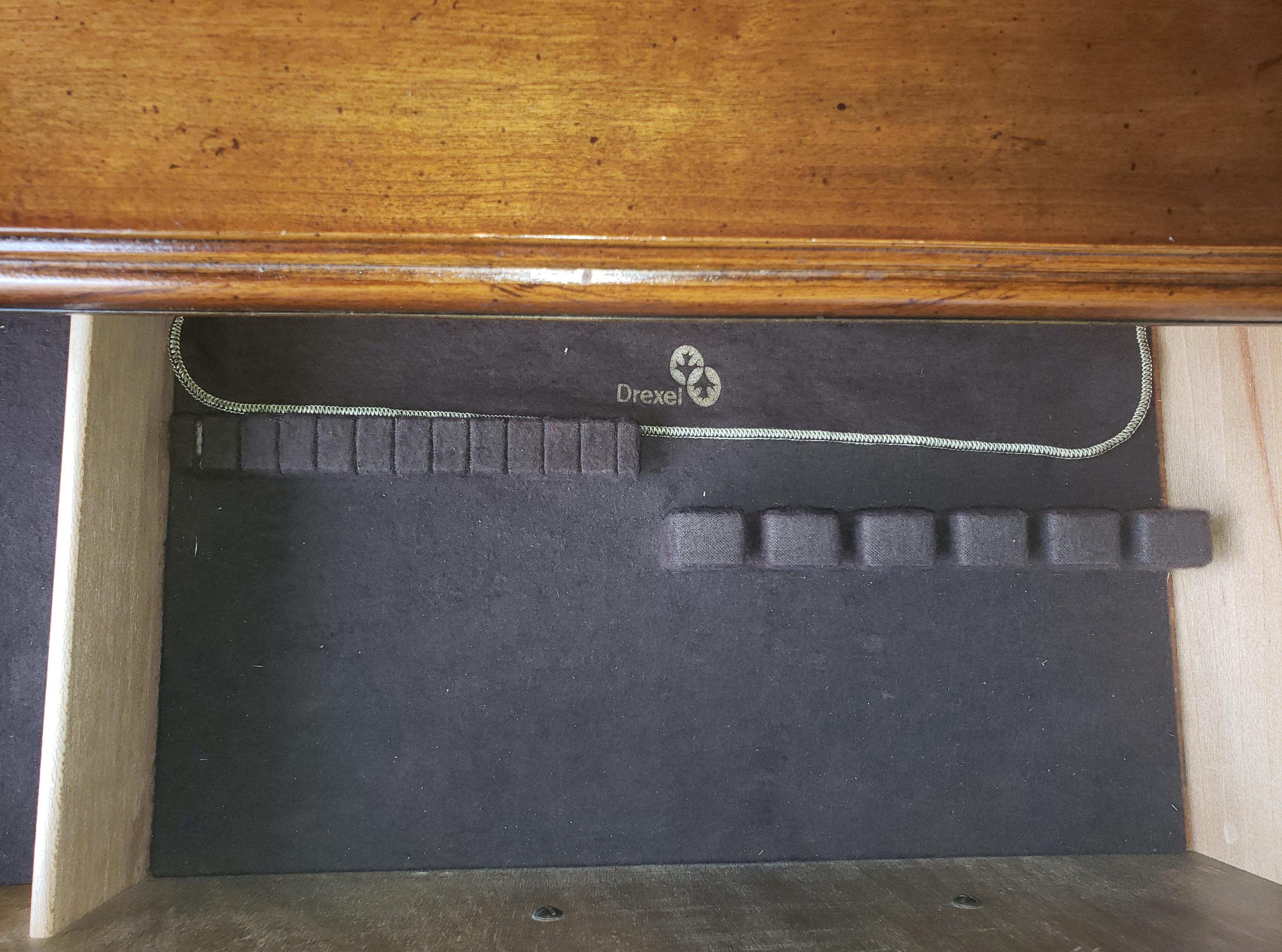 20th Century Vintage Drexel Walnut Flat Flip Top Rolling Buffet Sideboard Dry Bar Server Cart