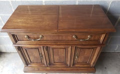 Vintage Drexel Walnut Flat Flip Top Rolling Buffet Sideboard Dry Bar Server Cart