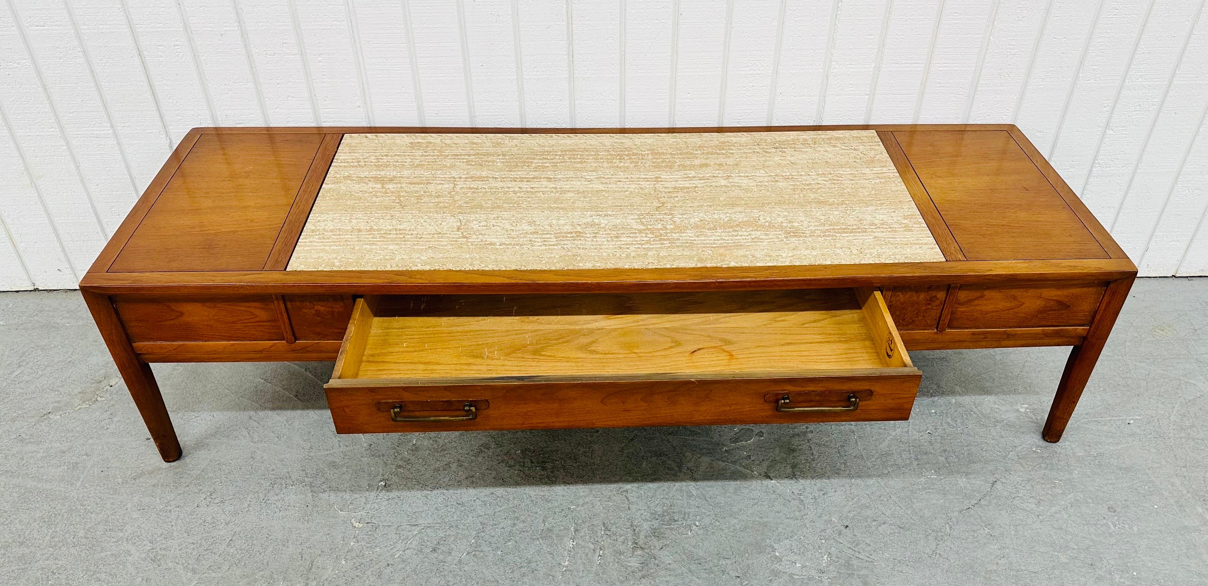 Brass Vintage Drexel Walnut & Travertine Coffee Table For Sale