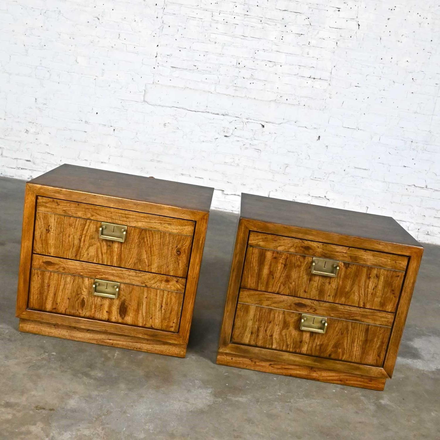 Vintage Drexel Weatherwood Collection Campaign Cabinet Style Pair of Nightstands For Sale 1