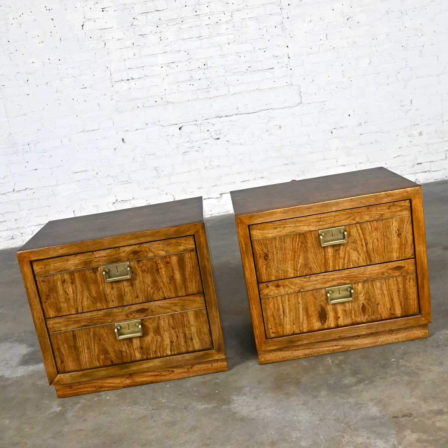 Fabulous vintage Drexel Weatherwood Collection Campaign cabinet style nightstands or end or side tables with brass plated hardware. Beautiful condition, keeping in mind that these are vintage and not new so will have signs of use and wear. The top