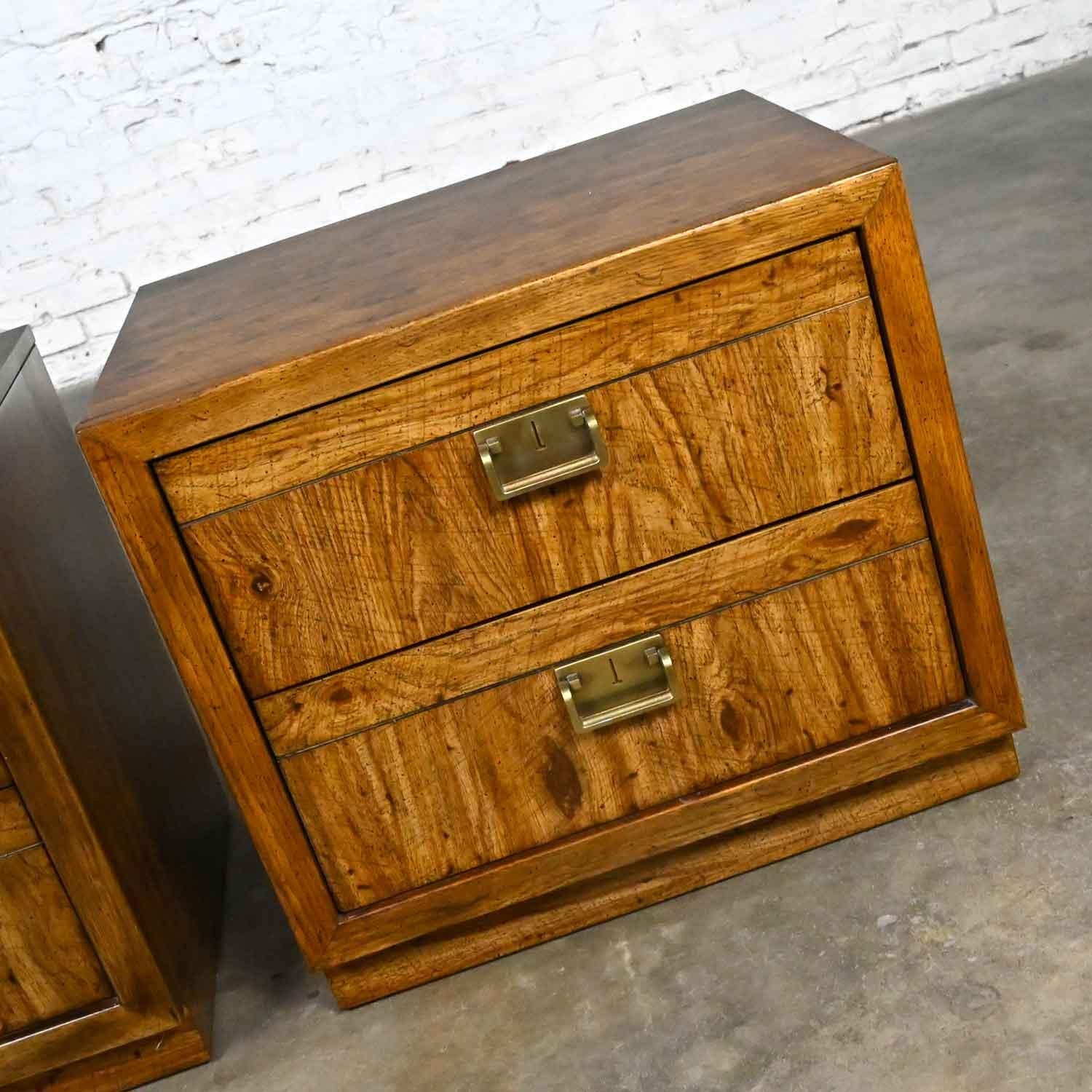 American Vintage Drexel Weatherwood Collection Campaign Cabinet Style Pair of Nightstands For Sale