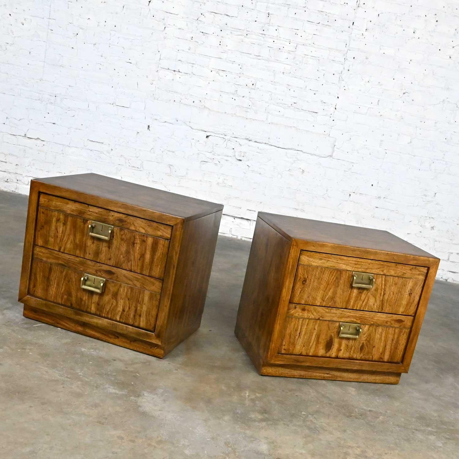 Plated Vintage Drexel Weatherwood Collection Campaign Cabinet Style Pair of Nightstands For Sale