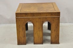 Vintage Drexel Wellington Arched Hollywood Regency Burl Wood Pedestal Side Table