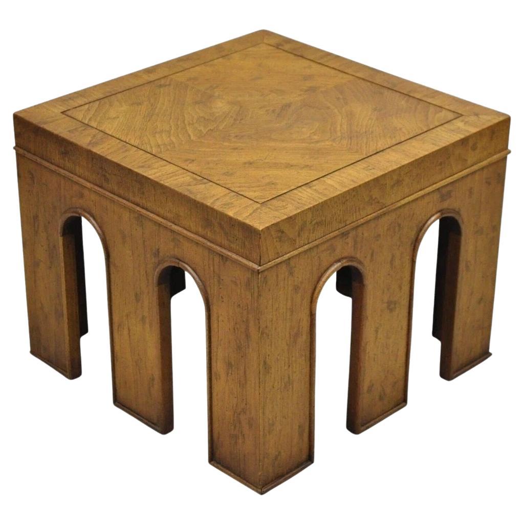 Vintage Drexel Wellington Arched Hollywood Regency Burl Wood Pedestal Side Table For Sale