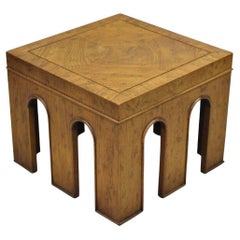 Vintage Drexel Wellington Arched Hollywood Regency Burl Wood Pedestal Side Table