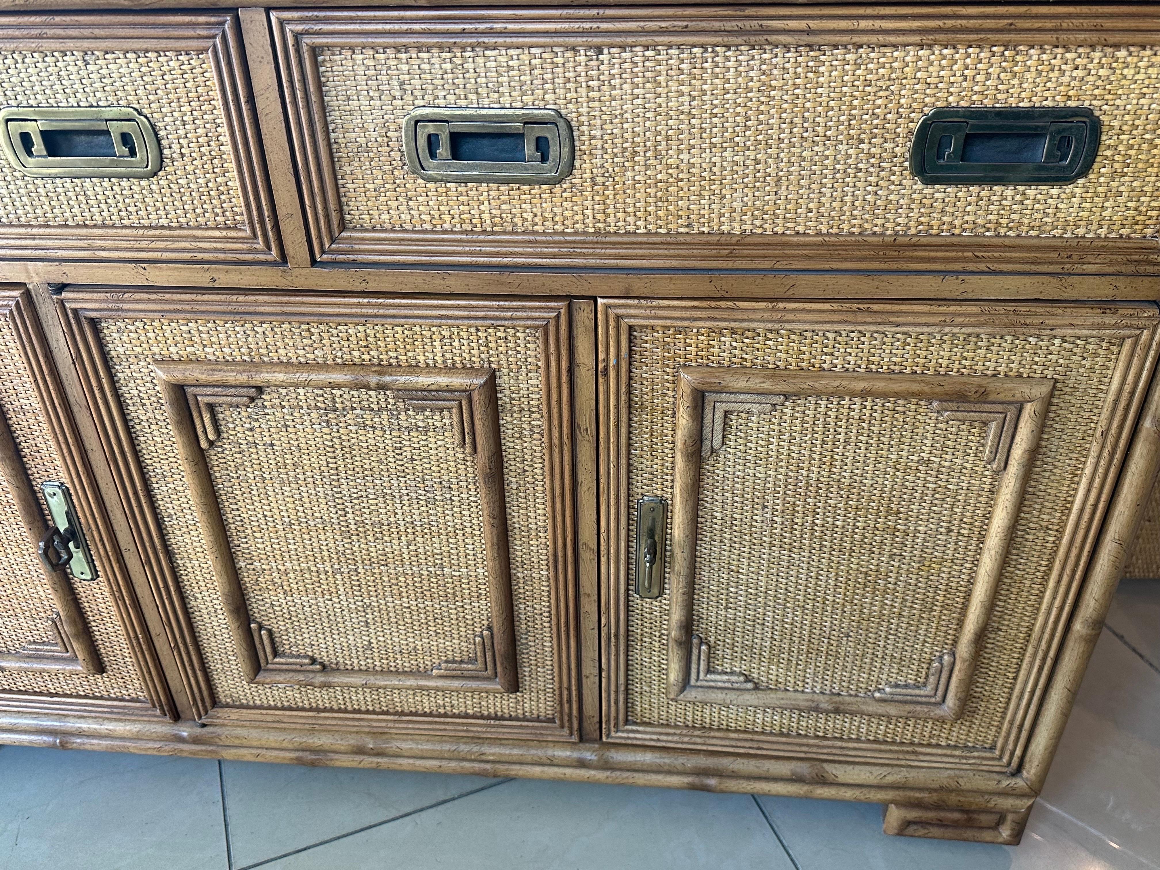 Vintage Drexel Woven Cane Bamboo Rattan Cabinet Credenza Buffet Dresser  For Sale 5