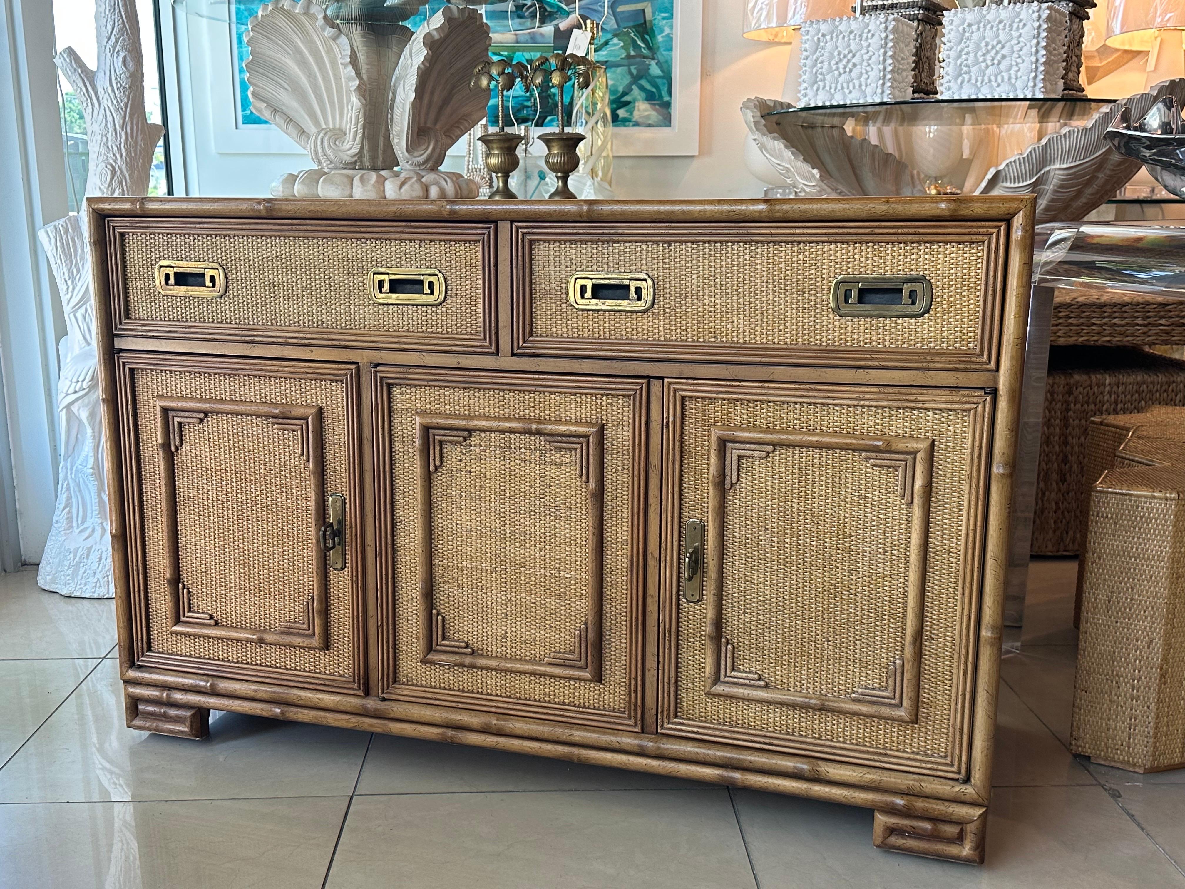 Vintage Drexel Woven Cane Bamboo Rattan Cabinet Credenza Buffet Dresser  In Good Condition For Sale In West Palm Beach, FL