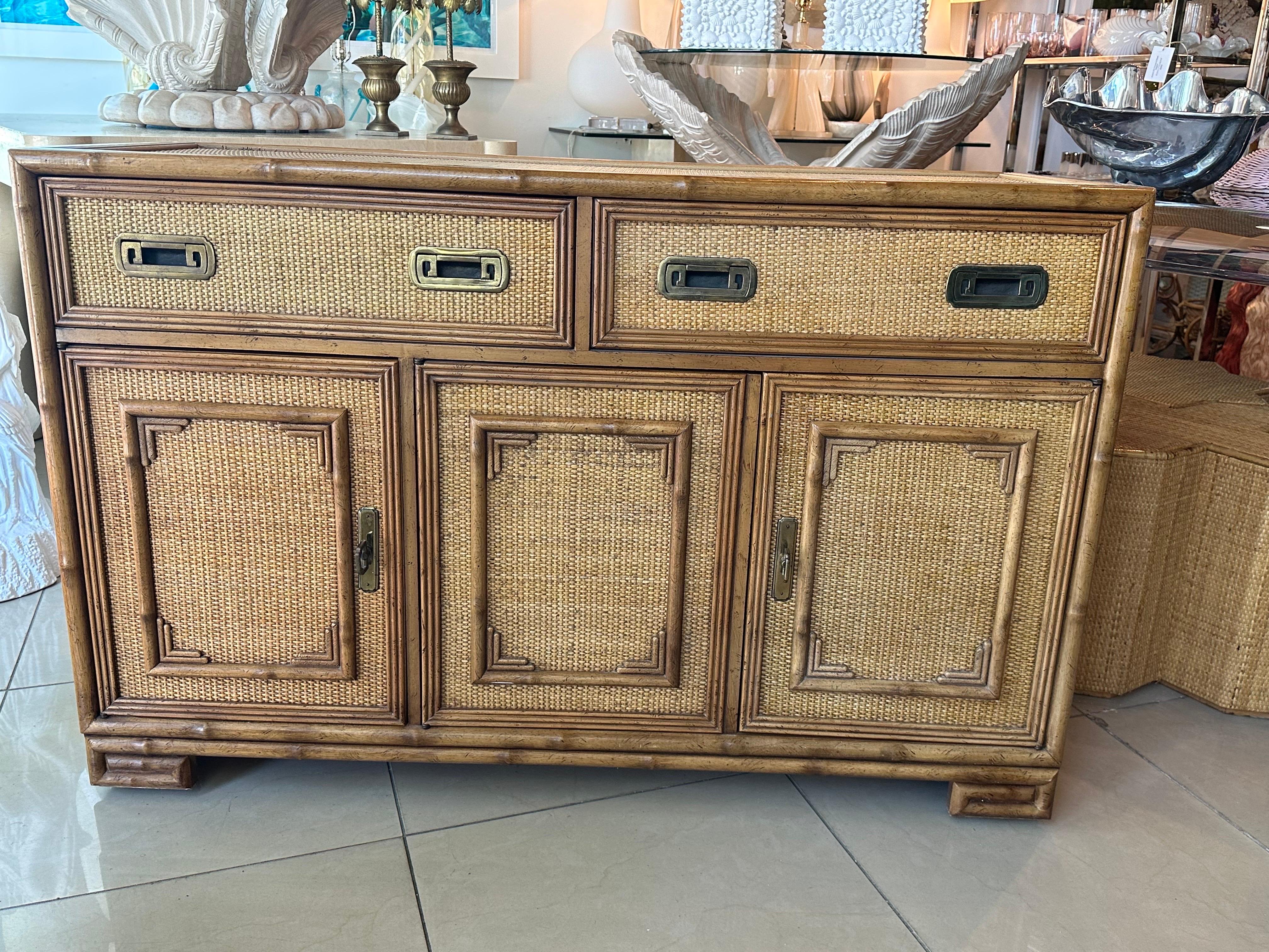 Vintage Drexel Woven Cane Bamboo Rattan Cabinet Credenza Buffet Dresser  For Sale 3