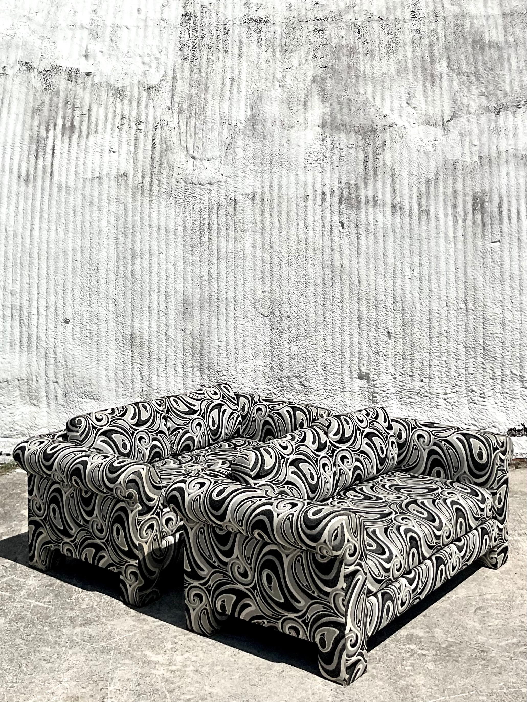 Fabric Vintage Dreyfuss Wool Jacquard Swirl Loveseats, a Pair