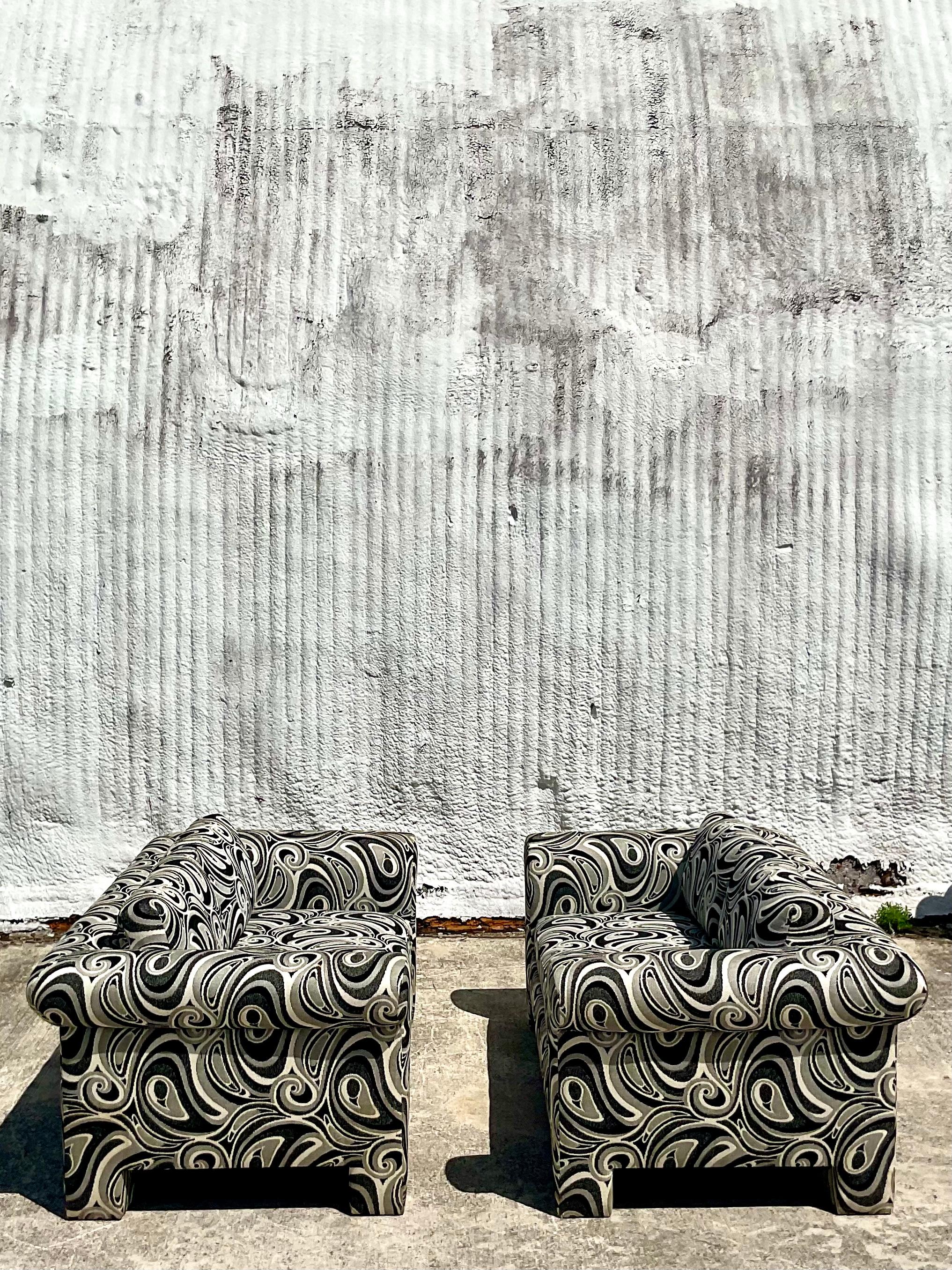 Vintage Dreyfuss Wool Jacquard Swirl Loveseats, a Pair 1