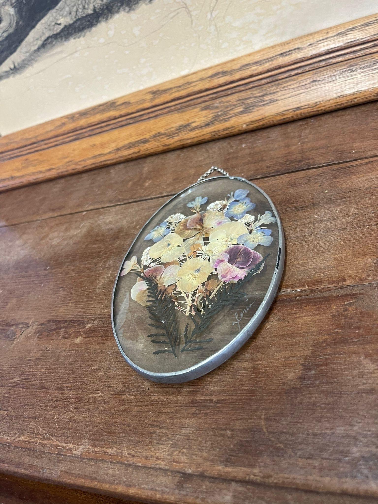 The glass frame is beveled with the Artist signature etched into the lower corner. The main flower used are pansies, with a variety of other flowers. Vintage Condition Consistent with Age as Pictured.

Dimensions. 4 W ; 1/2 D ; 6 H