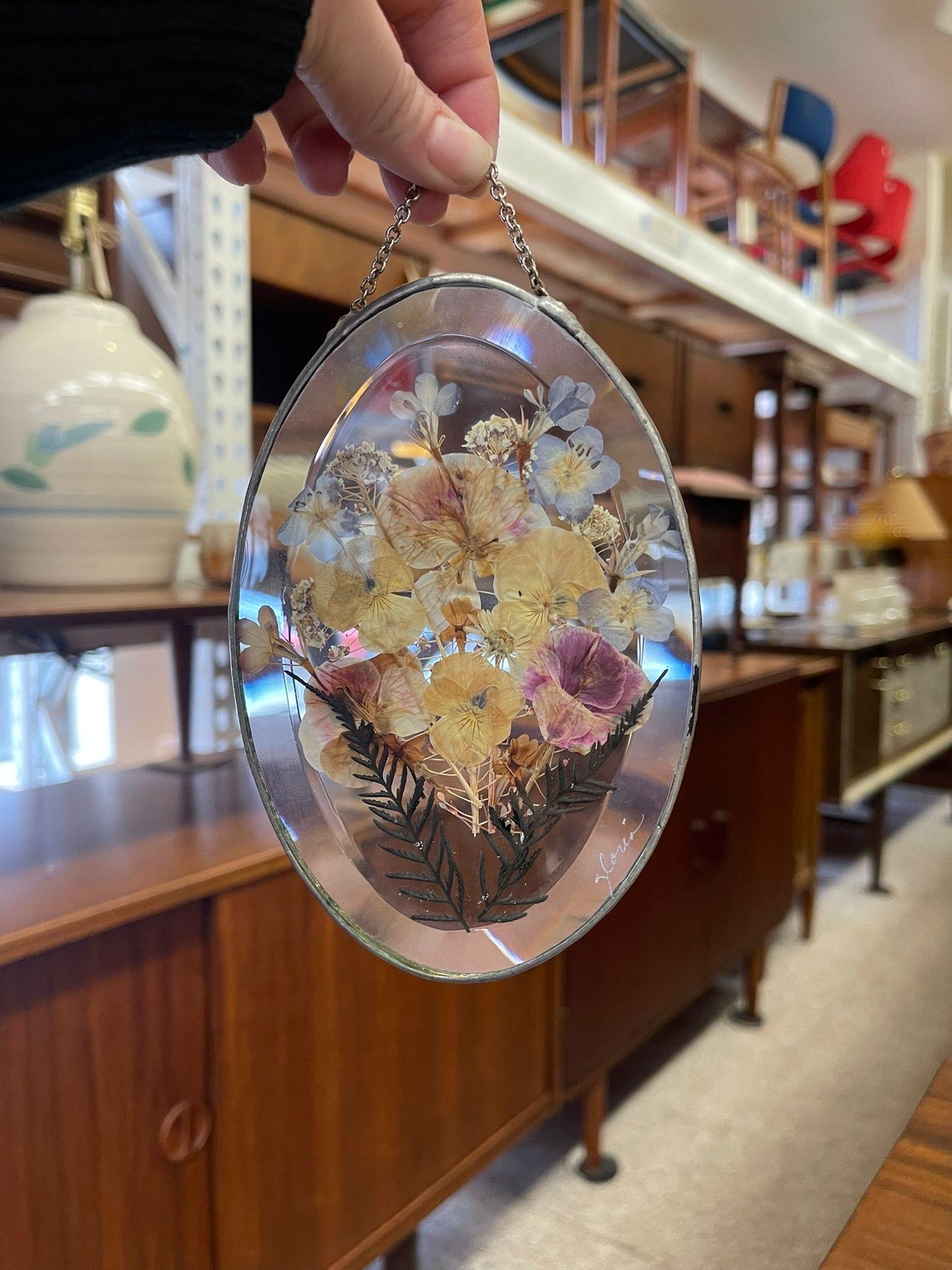 Vintage Dried Pressure Flower Decorative Wall Hanging Within Glass Frame. In Good Condition For Sale In Seattle, WA