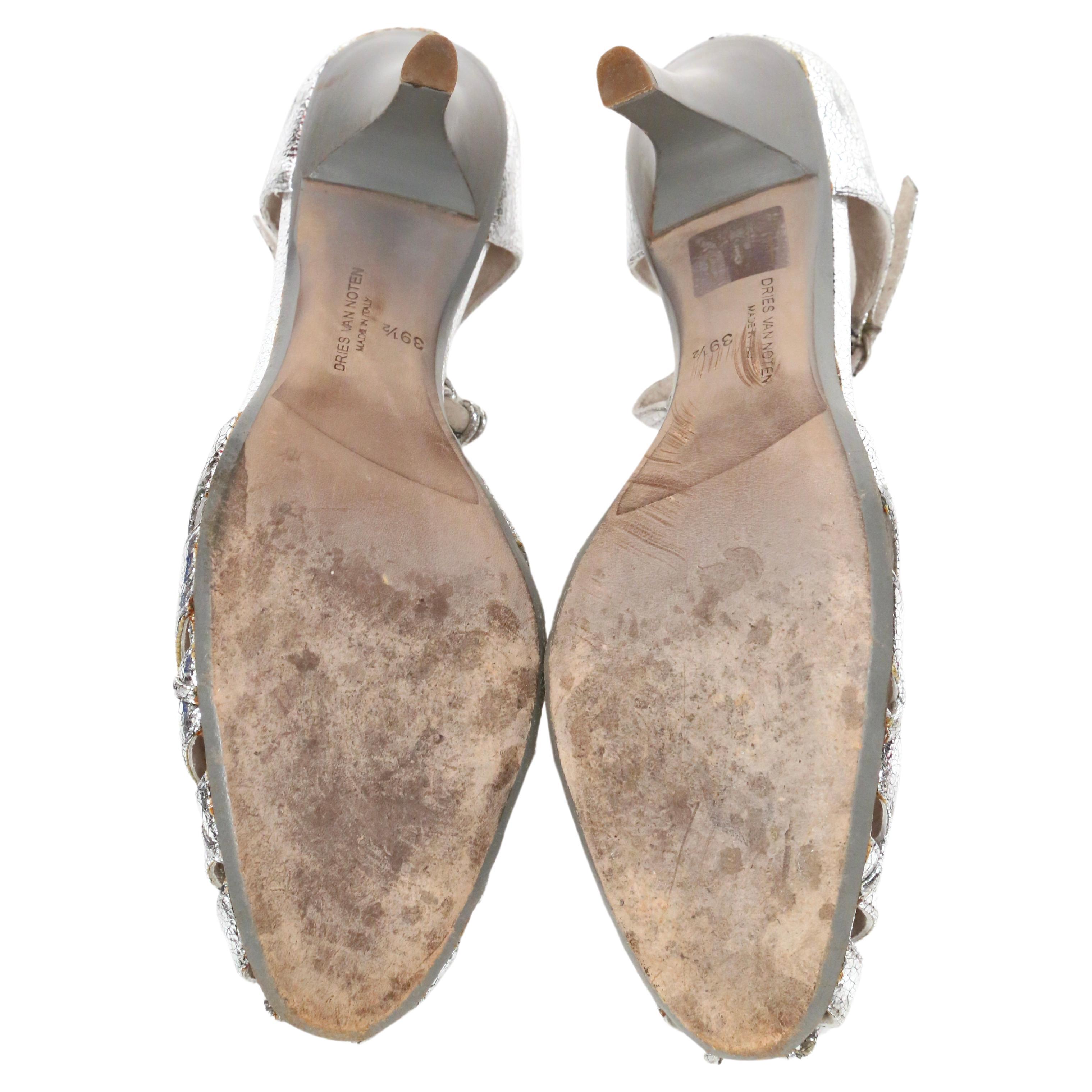 vintage DRIES VAN NOTEN 'cracked' metallic silver leather heels - 39.5 For Sale 2