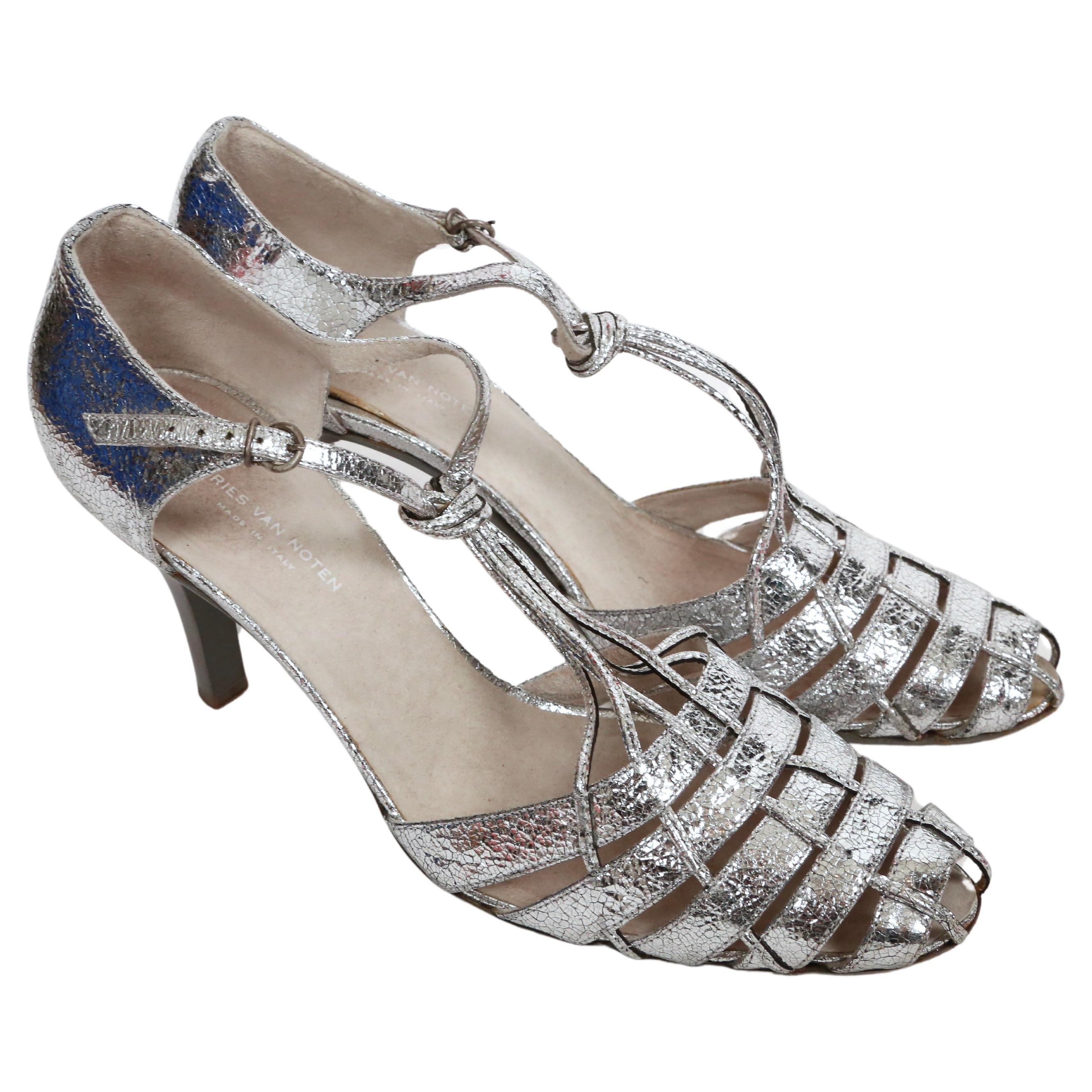 vintage DRIES VAN NOTEN 'cracked' metallic silver leather heels - 39.5 For Sale