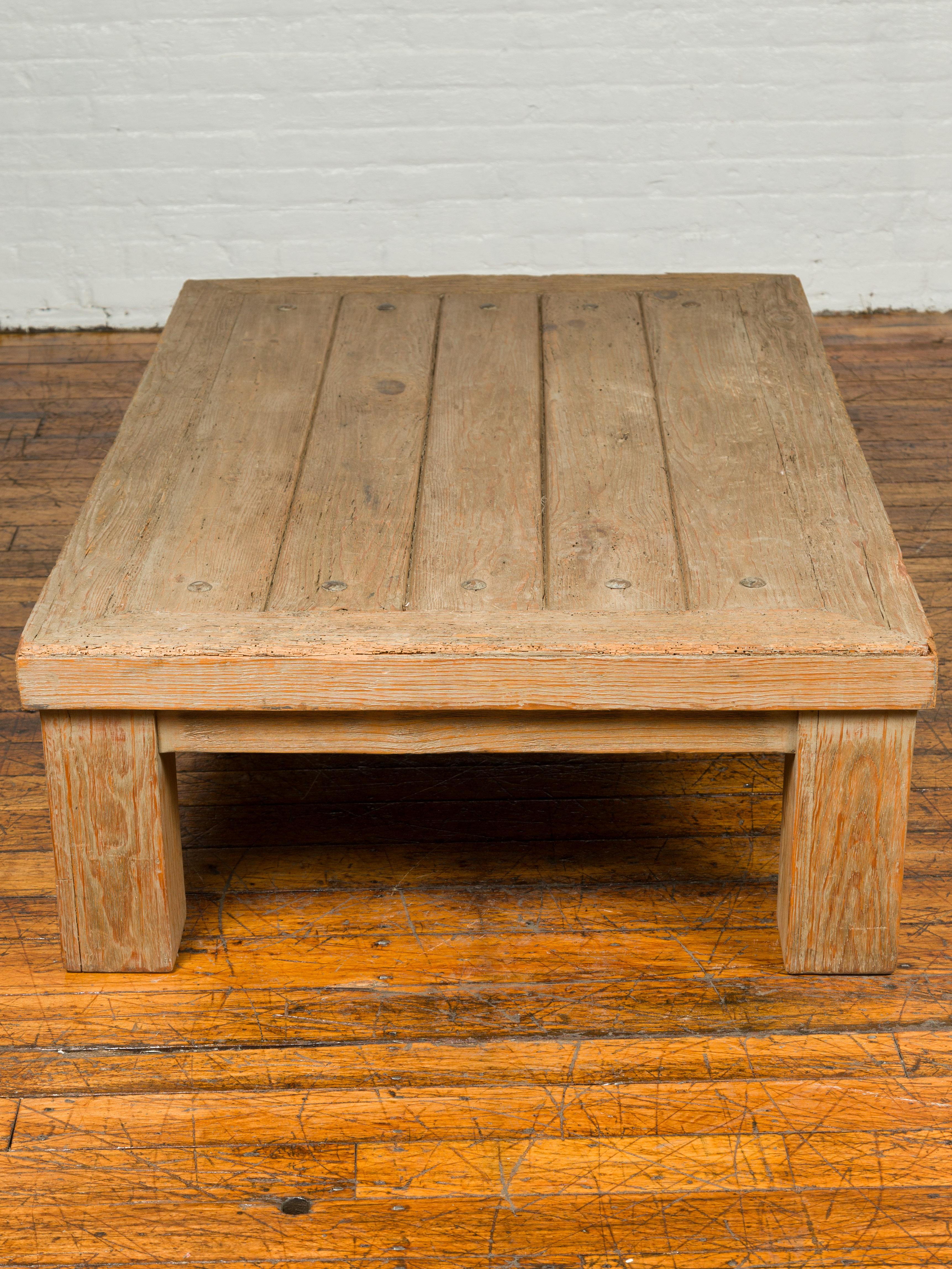 Rustic Vintage Driftwood Distressed Coffee Table from Mexico with Round Metal Studs