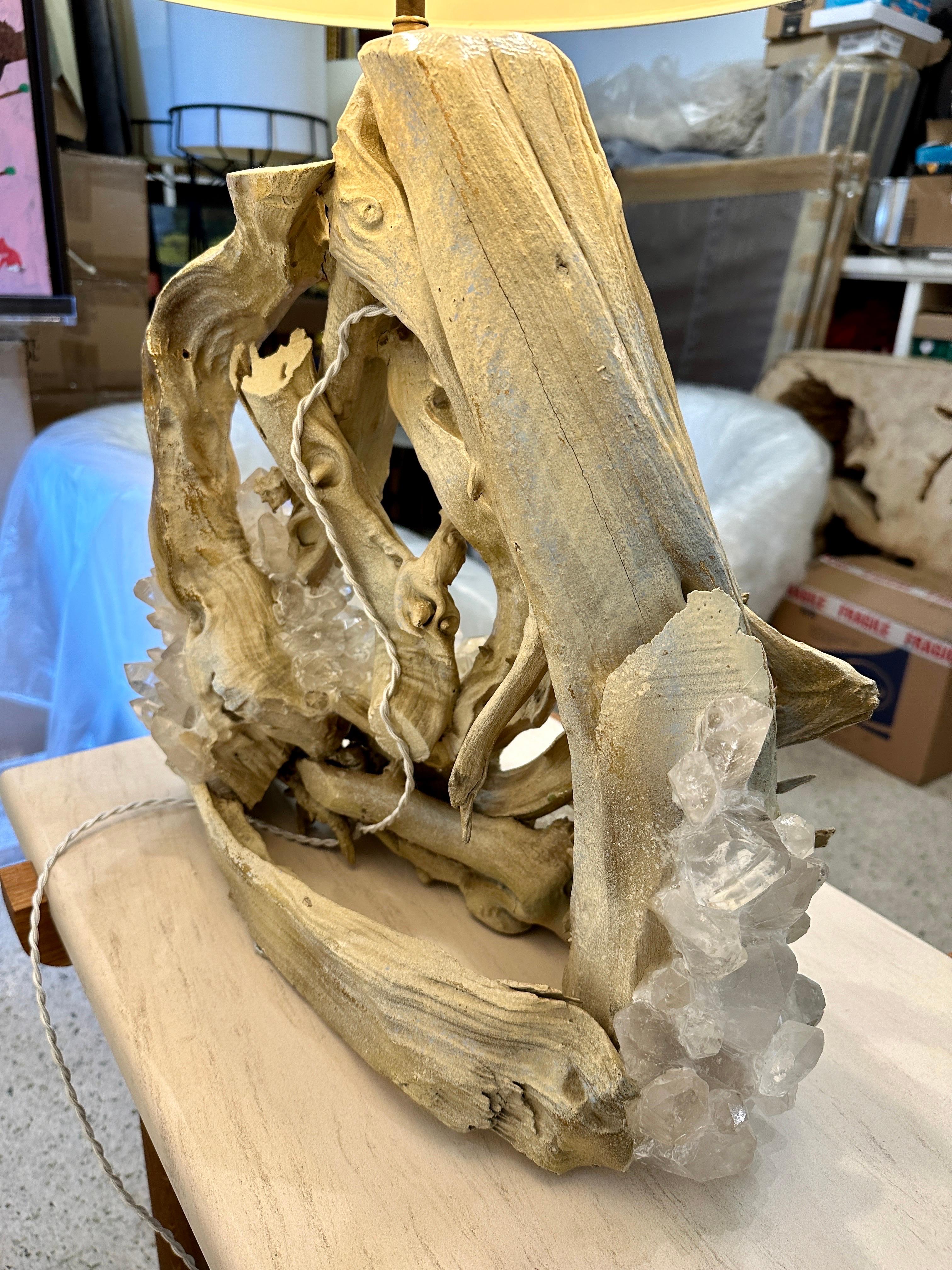 Vintage Driftwood Lamp w/ Encrusted Quartz Crystal Shards For Sale 1
