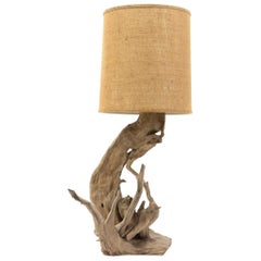 Vintage Driftwood Lamp with Original Burlap Shade