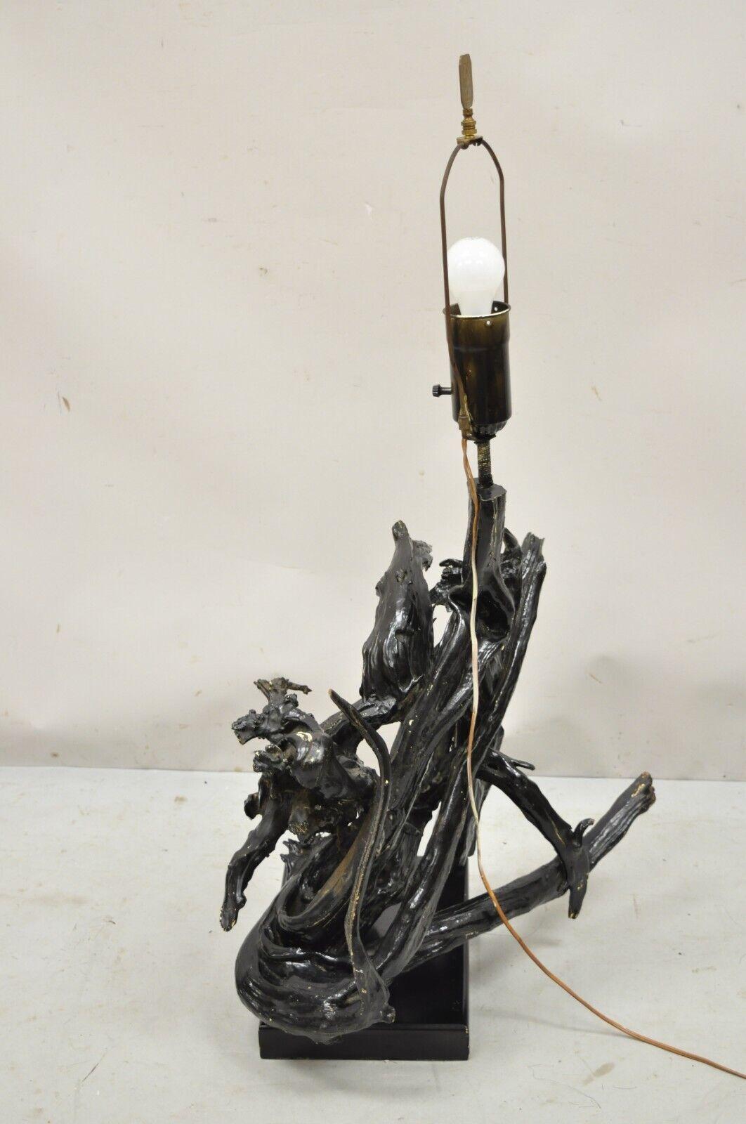 Vintage Driftwood Mid-Century Modern Large Wooden Black Table Lamp In Good Condition For Sale In Philadelphia, PA