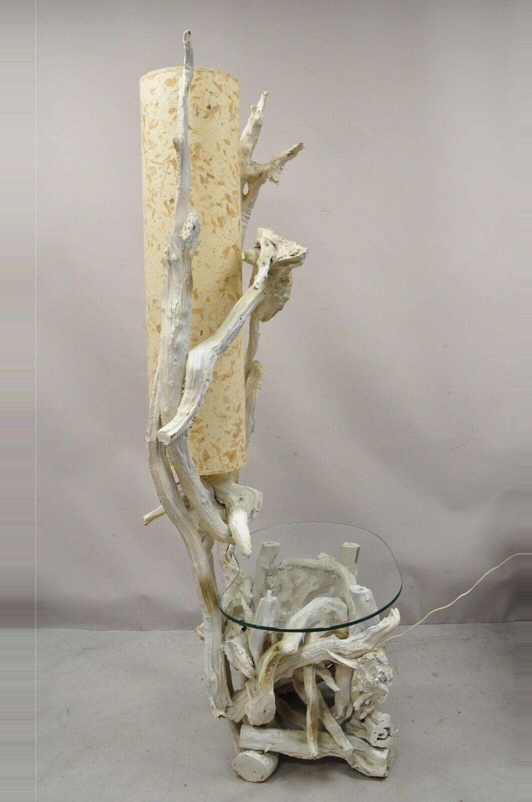 Vintage Driftwood Mid-Century Modern White Floor Lamp with Side Table For Sale 5