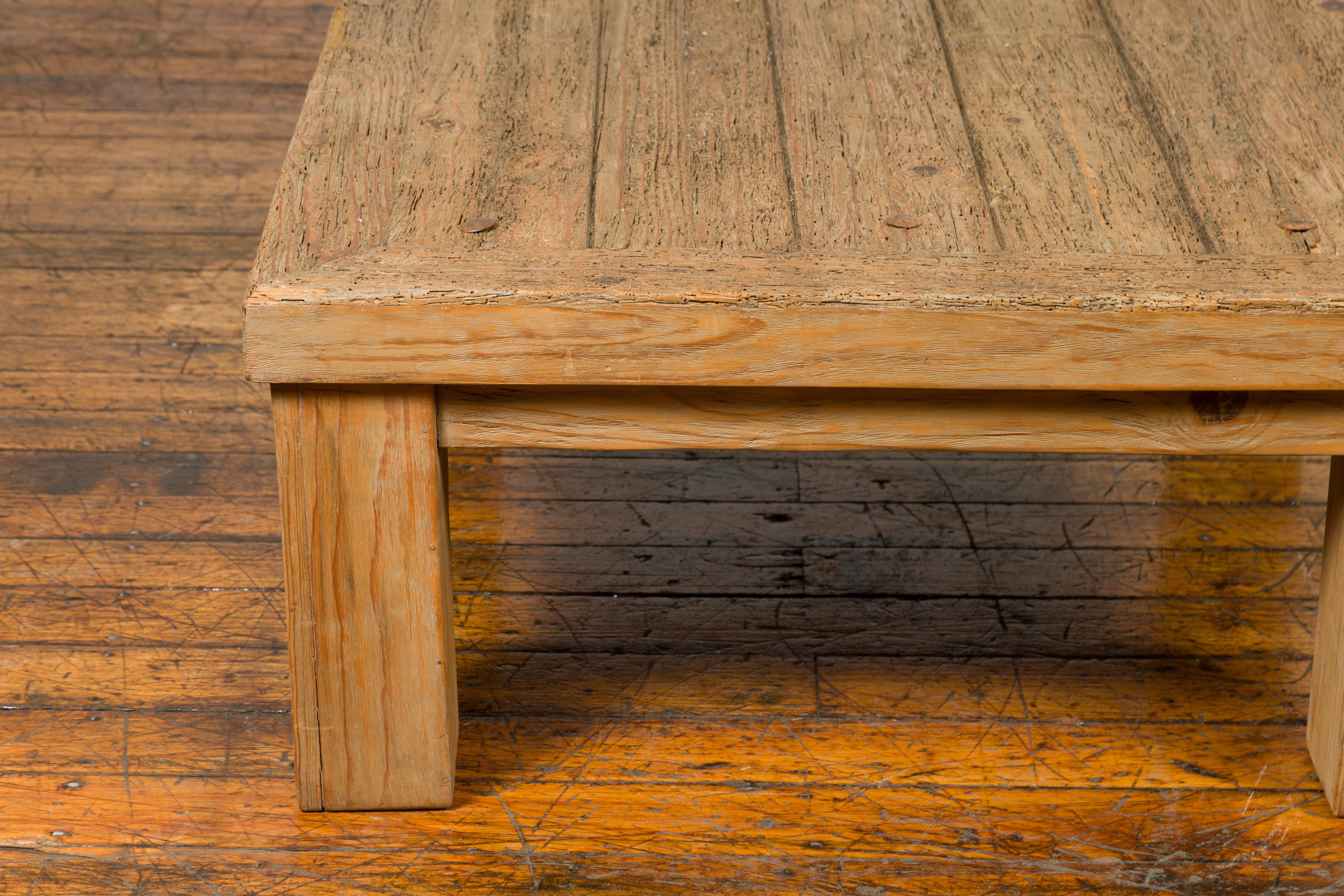 Rustic Vintage Driftwood Midcentury Coffee Table from Mexico with Square Legs