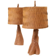 Vintage Driftwood Style Table Lamps With Woven Shades, a Pair