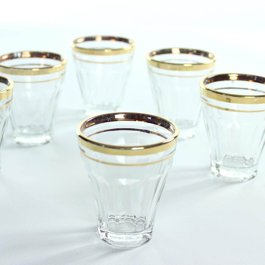 Mid-Century Modern Vintage Drinking Glasses With Gold Rim, Set Of 6, Czechoslovakia 1960s For Sale