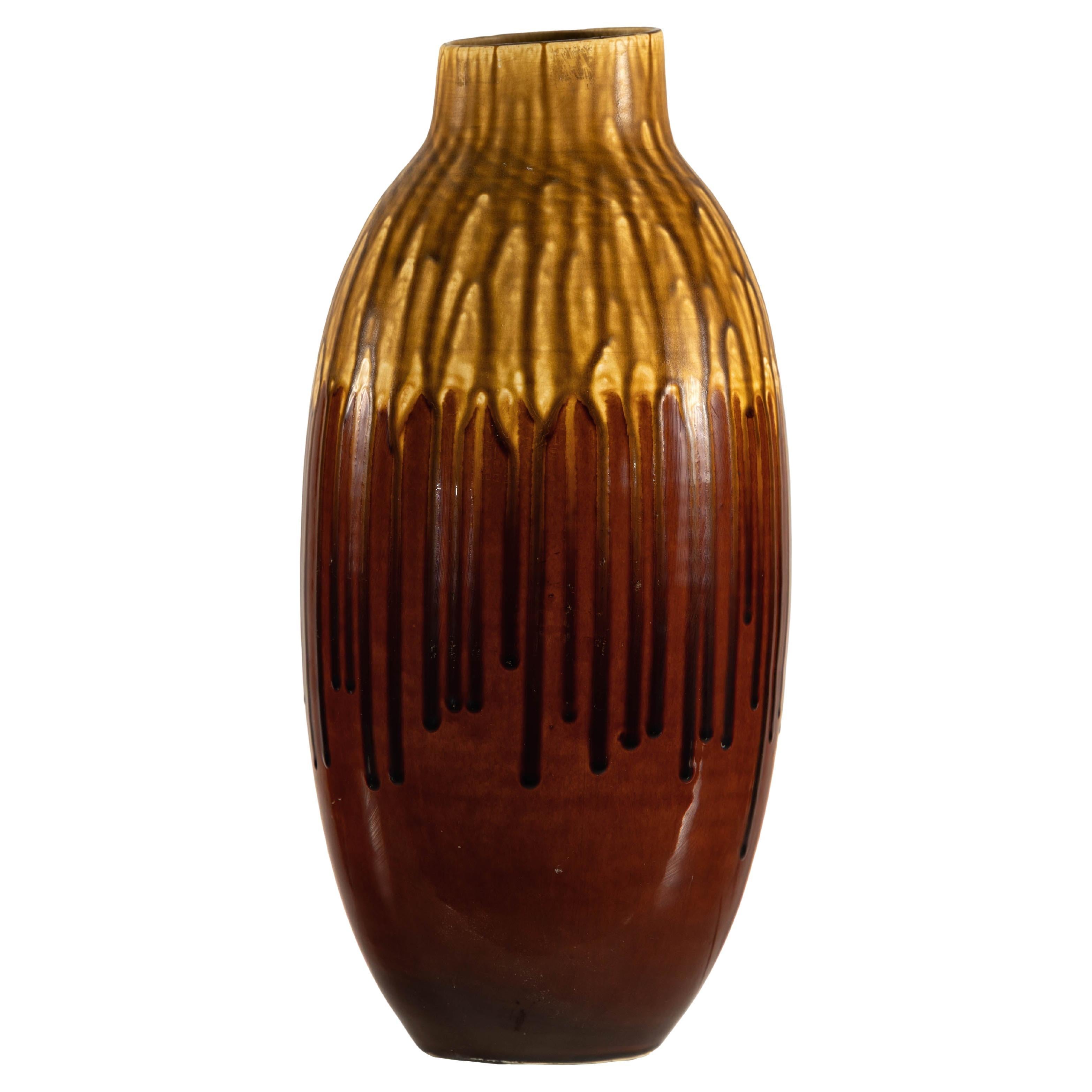 Vintage Drip Glaze Ceramic Vase in Reddish Brown and Mustard