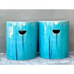Vintage Drip Glazed Ceramic Garden Stools - A Pair
