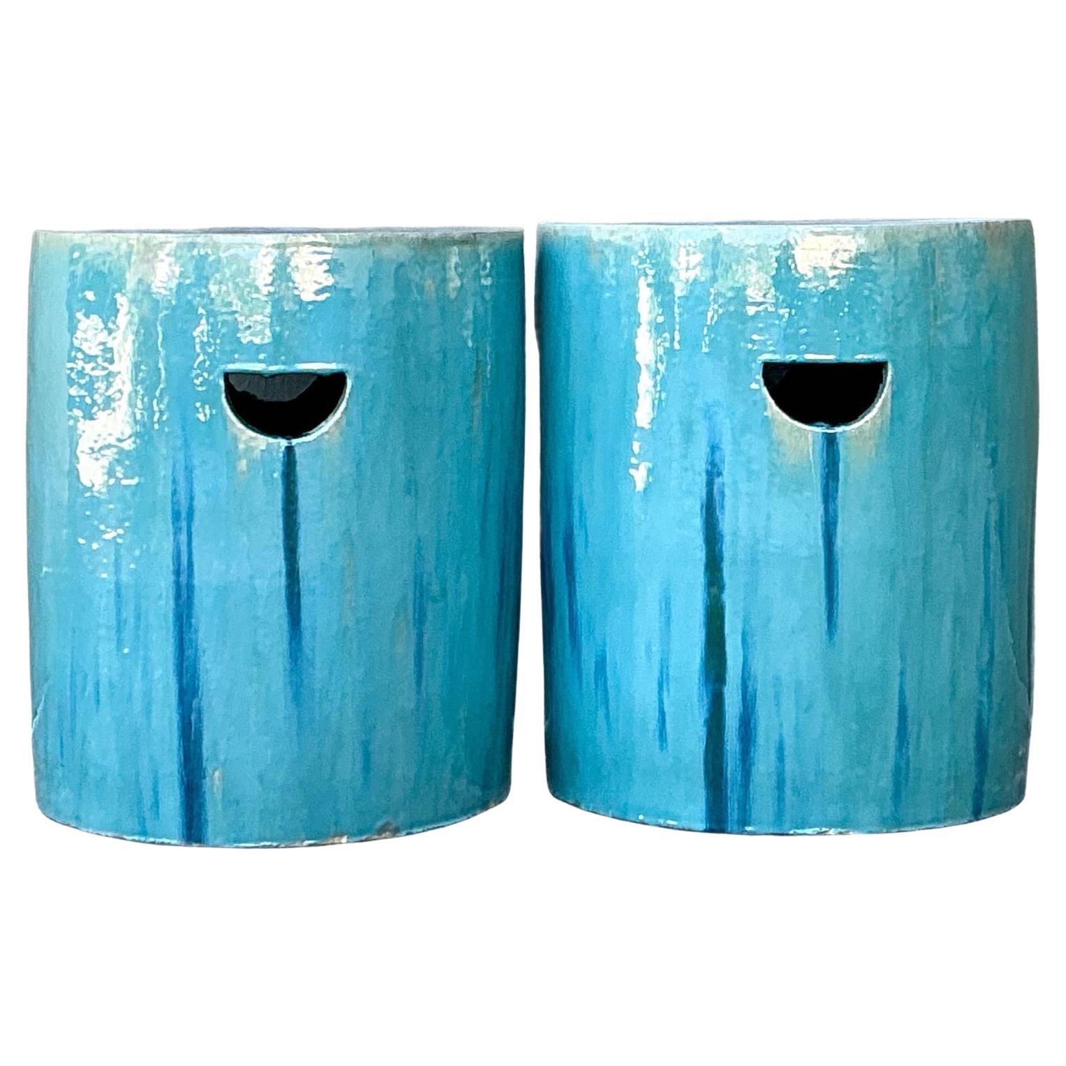 Vintage Drip Glazed Ceramic Garden Stools - A Pair For Sale