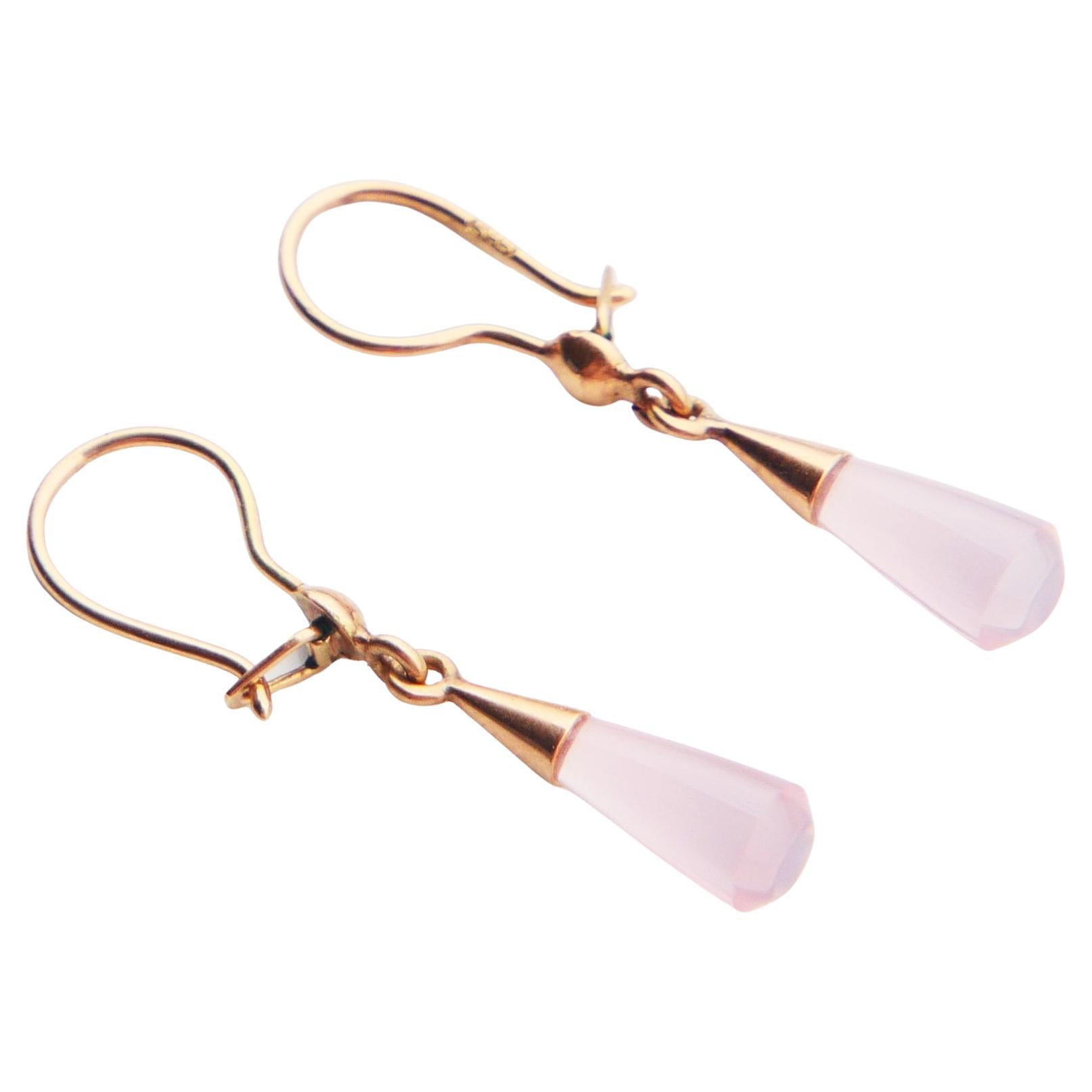 Vintage Drop Dangle Earrings Rose Quartz solid 585K Gold / 1.7gr