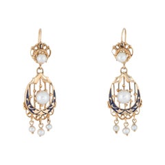 Vintage Drop Earrings Cultured Pearls Enamel 14 Karat Yellow Gold Estate Jewelry