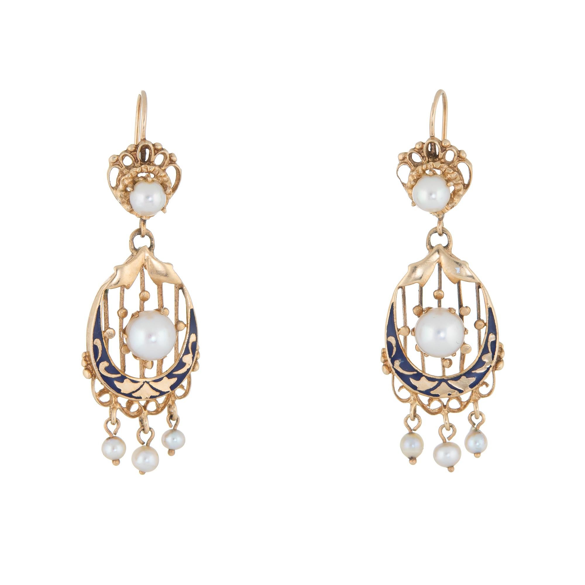 Women's Vintage Drop Earrings Cultured Pearls Enamel 14 Karat Yellow Gold Estate Jewelry