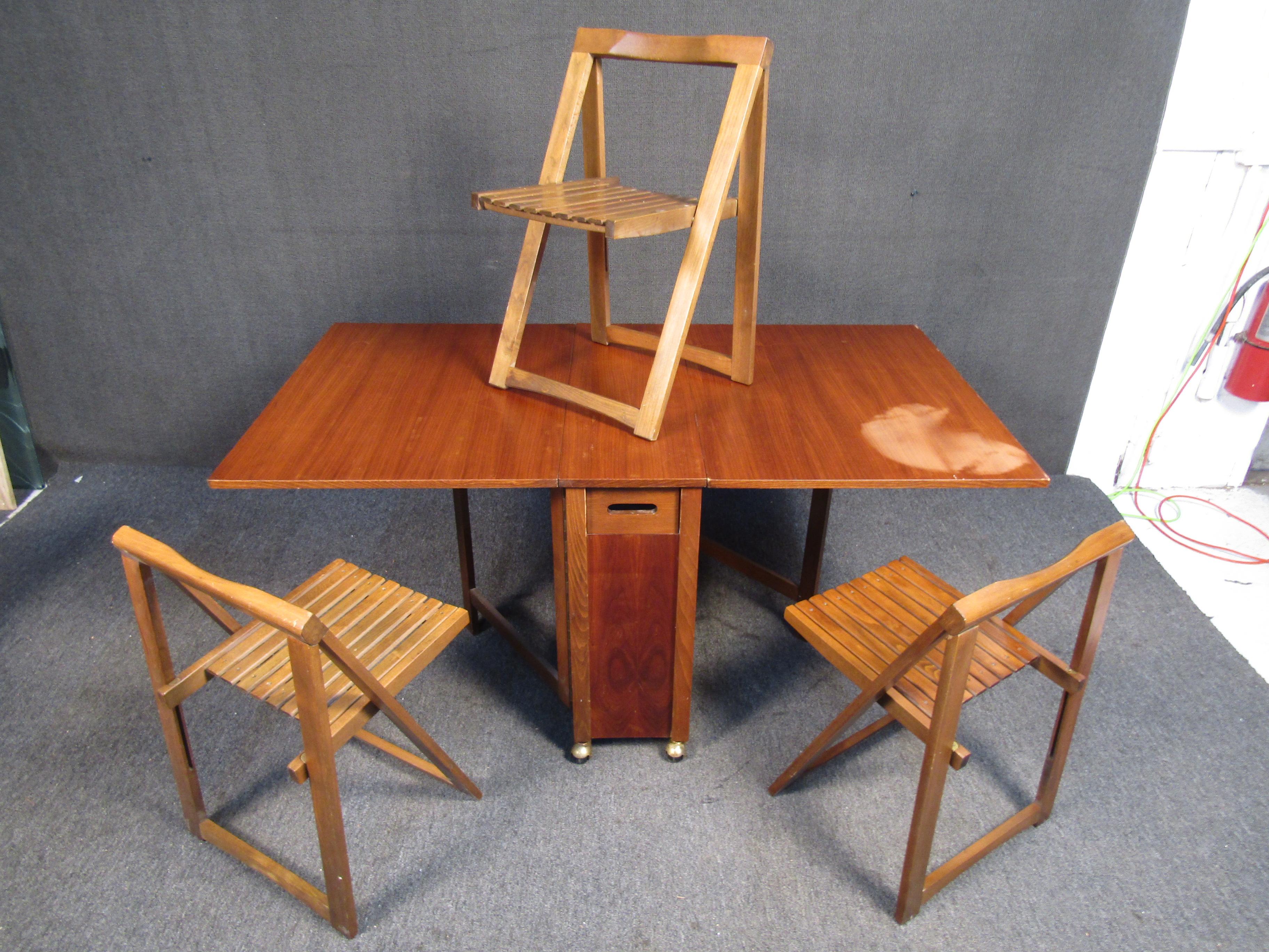 Mid-Century Modern Vintage Drop Leaf Rolling Table and Chairs 