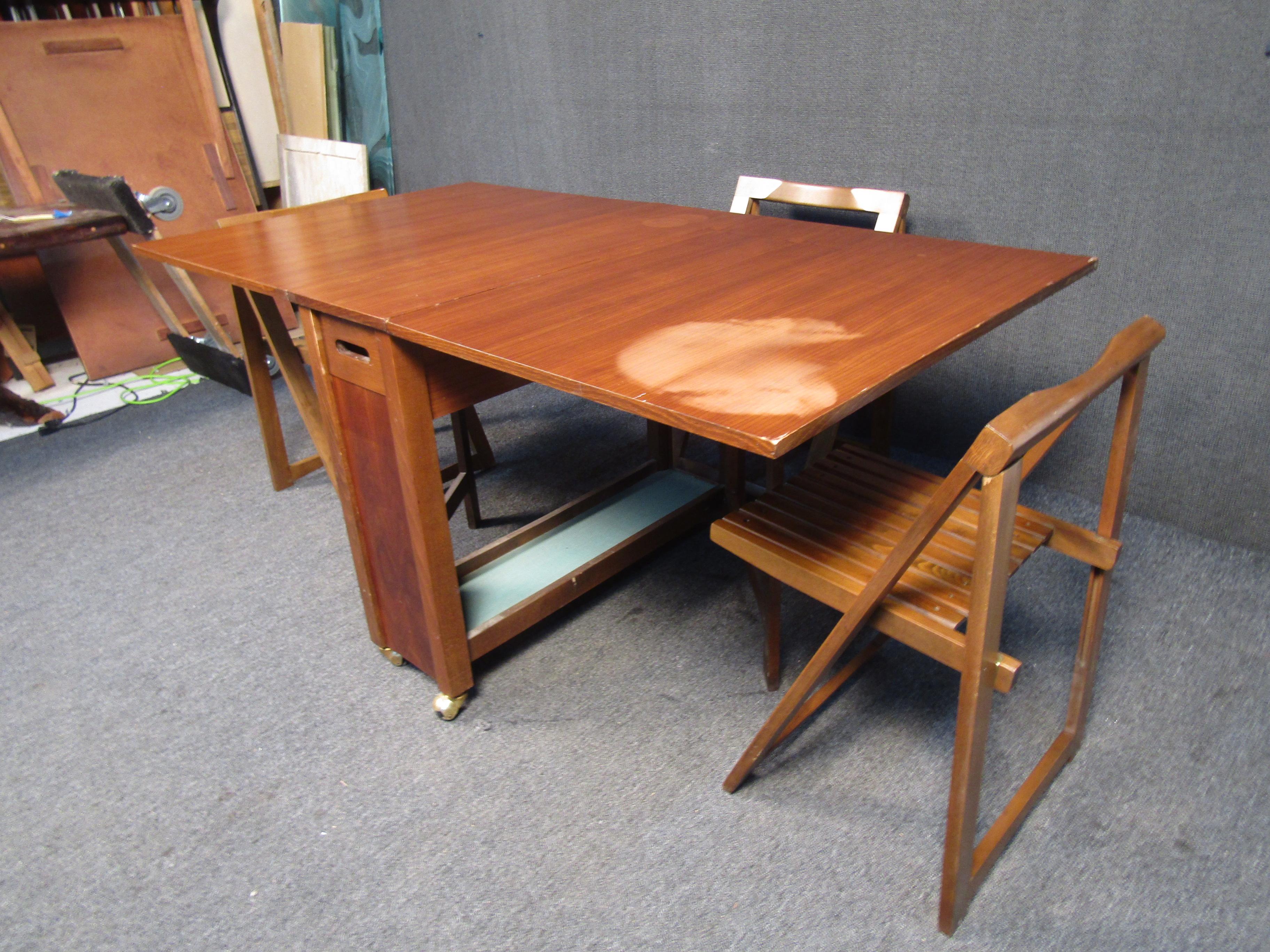 Mid-20th Century Vintage Drop Leaf Rolling Table and Chairs 