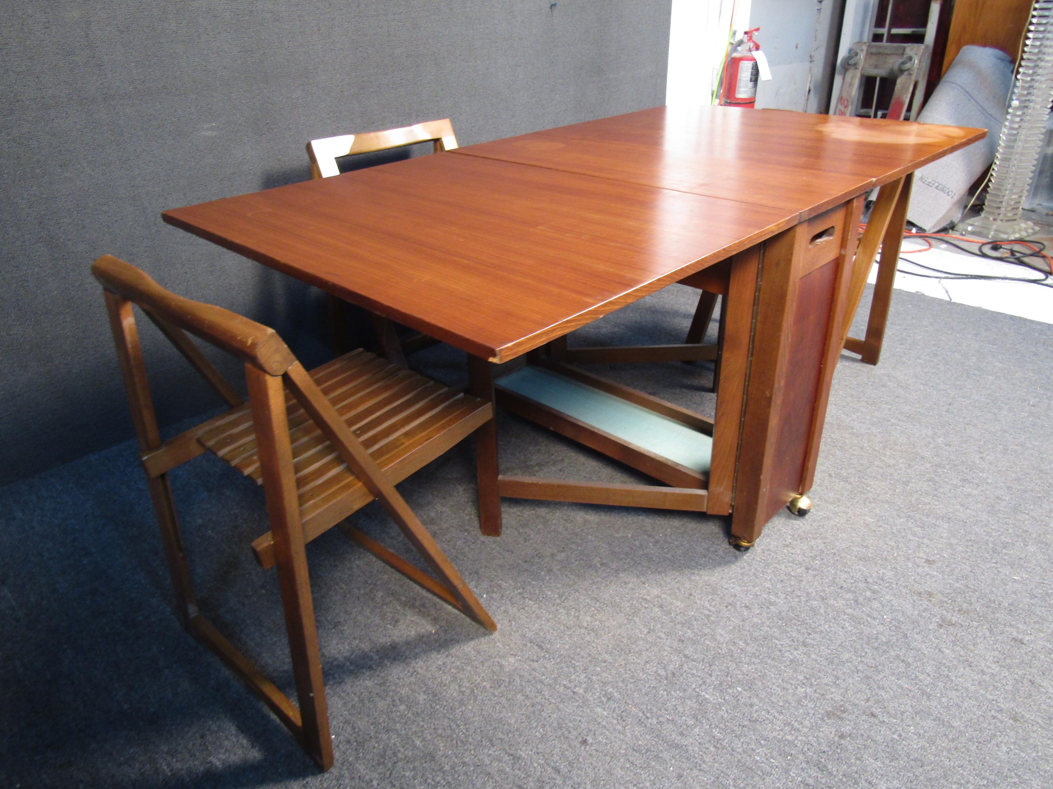 Walnut Vintage Drop Leaf Rolling Table and Chairs 