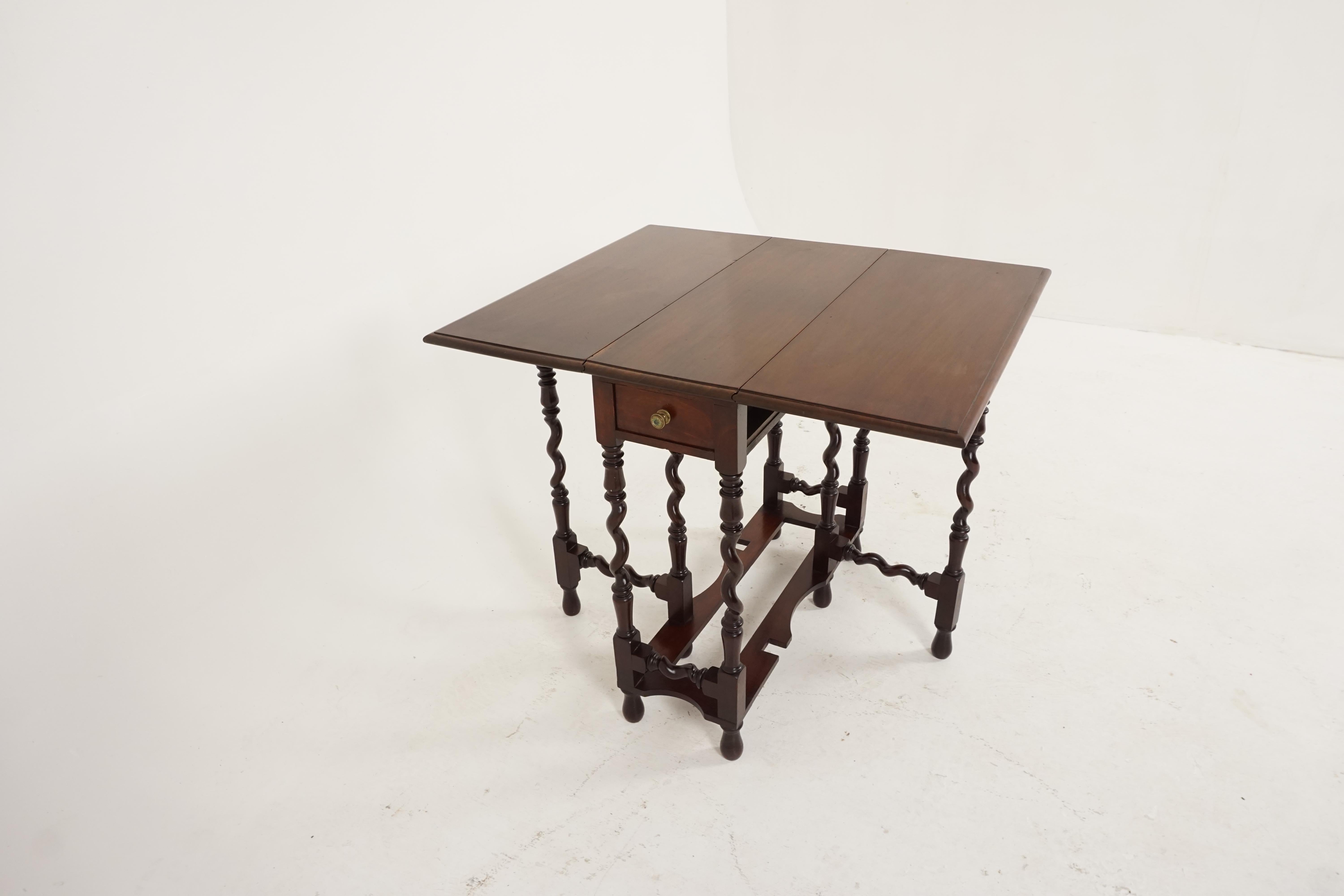 Vintage Drop-Leaf Table, Petite Walnut Barley Twist Gateleg Table, Scotland 1930 In Good Condition In Vancouver, BC