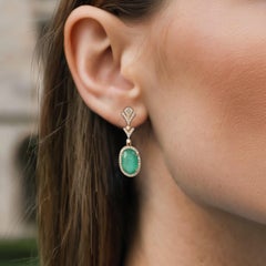 4.52ct Oval Emerald & 0.48ct Diamond 14K Yellow Gold Drop Earrings