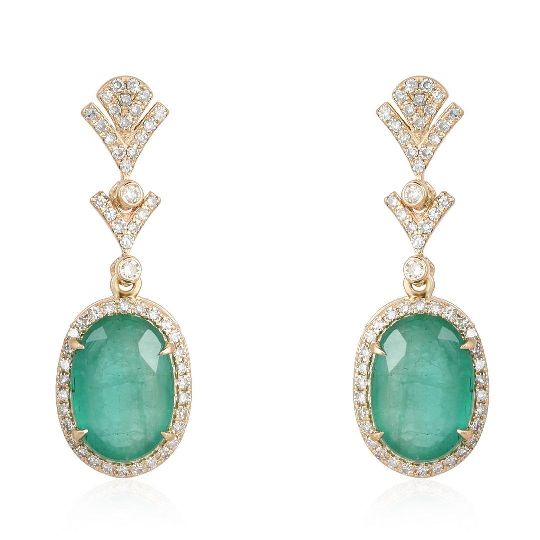 Emerald Cut Vintage Drop Oval Emerald 14K Yellow Gold Earrings For Sale