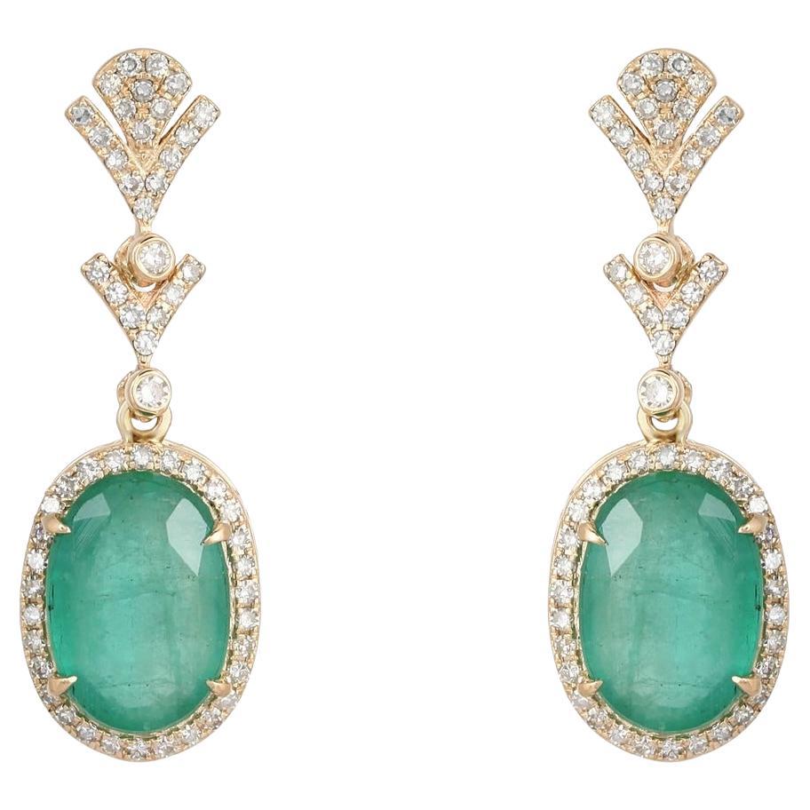 Vintage Drop Oval Emerald 14K Yellow Gold Earrings
