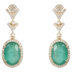 Vintage Drop Oval Emerald 14K Yellow Gold Earrings