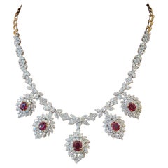 Vintage Drop Ruby and Diamond Necklace in 18k Yellow Gold