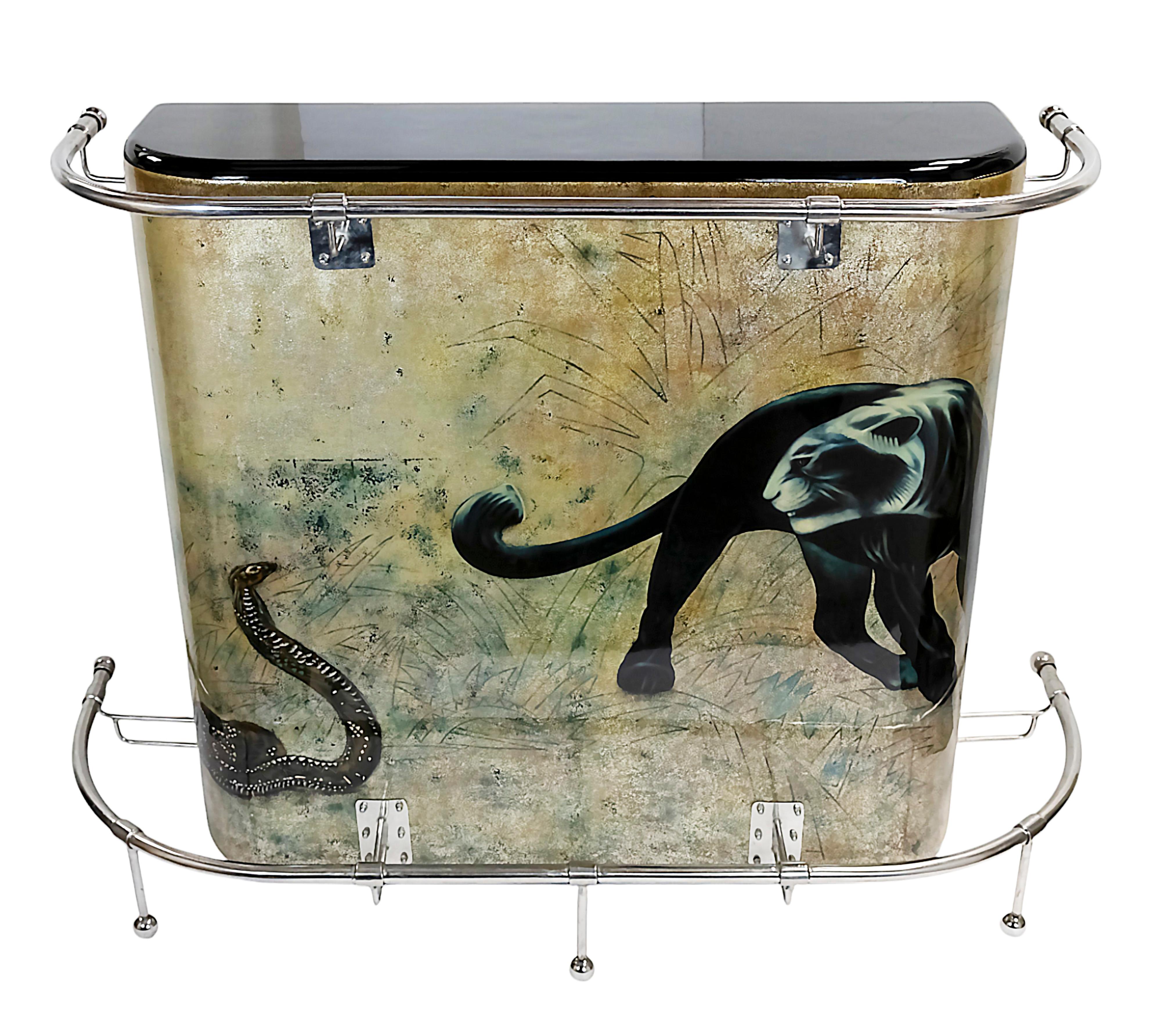 Mid-Century moderno Dry Bar d'epoca con decorazione verniciata Panter e Cobra in stile Jean Dunand in vendita