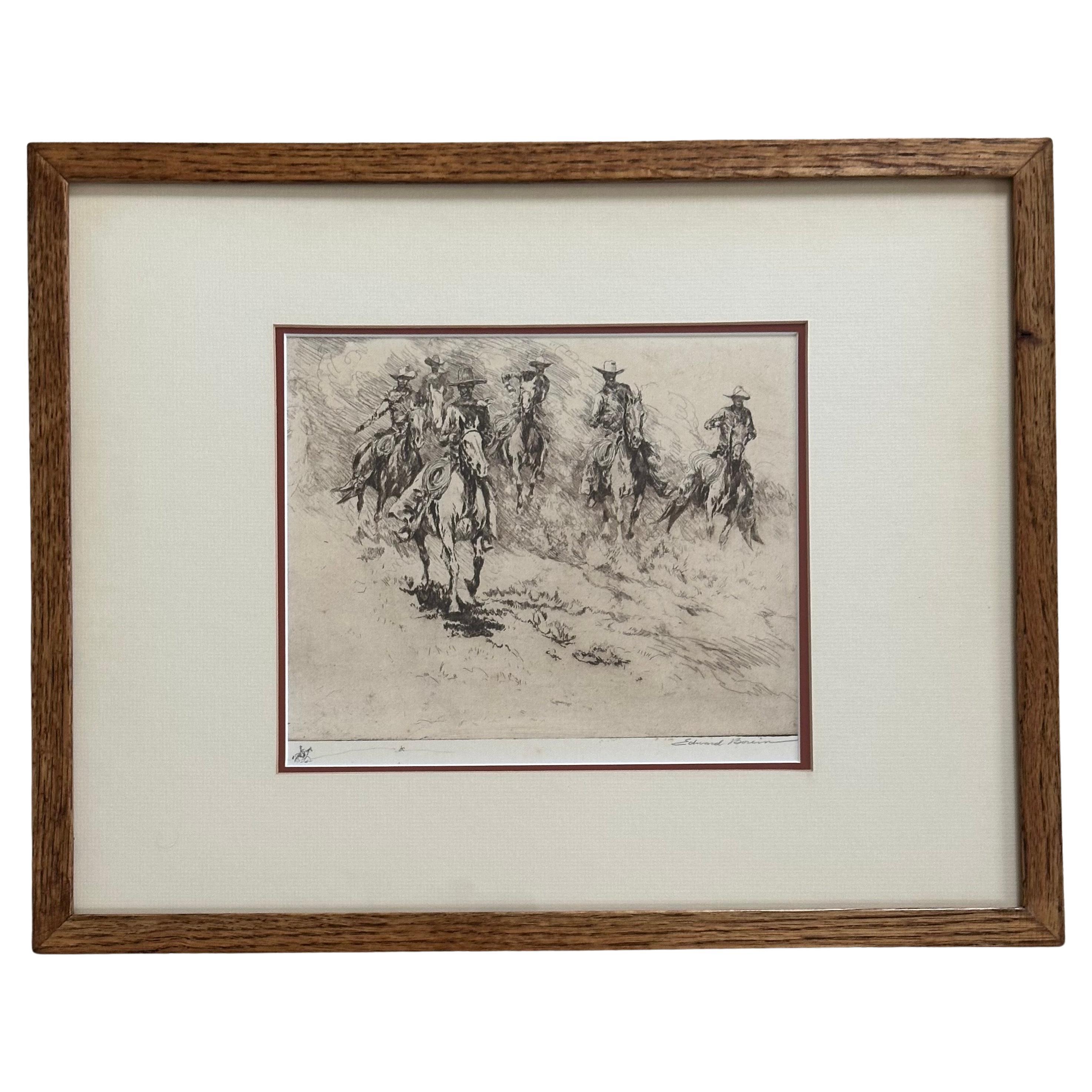 Vintage Kaltnadelradierung "Going to the Wagon #1" mit Kritzelei von Edward Borein im Angebot