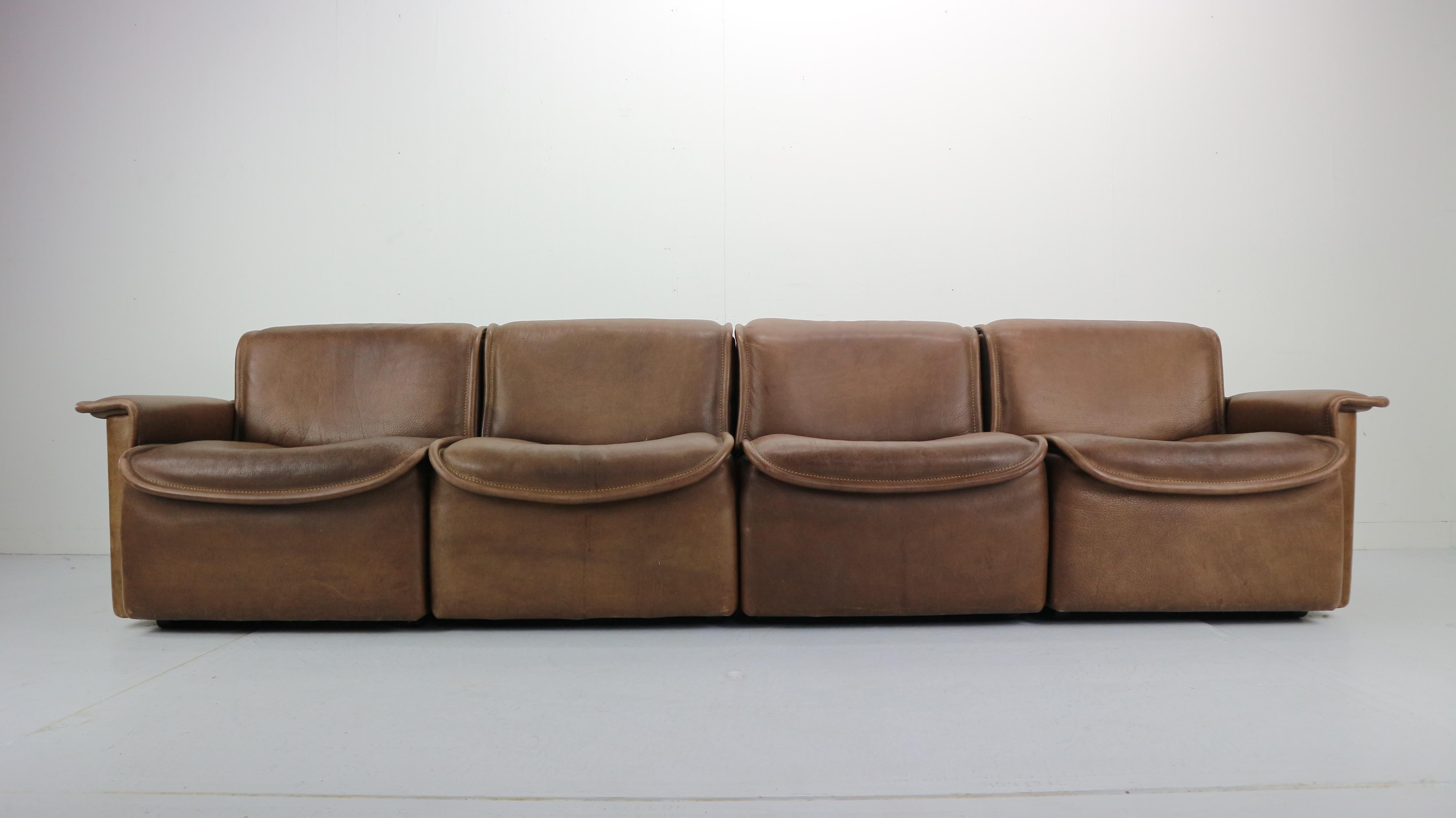 Scandinavian Modern Vintage DS-12 Four-Seat Brown Leather Sofa by De Sede, Switzerland, 1970s